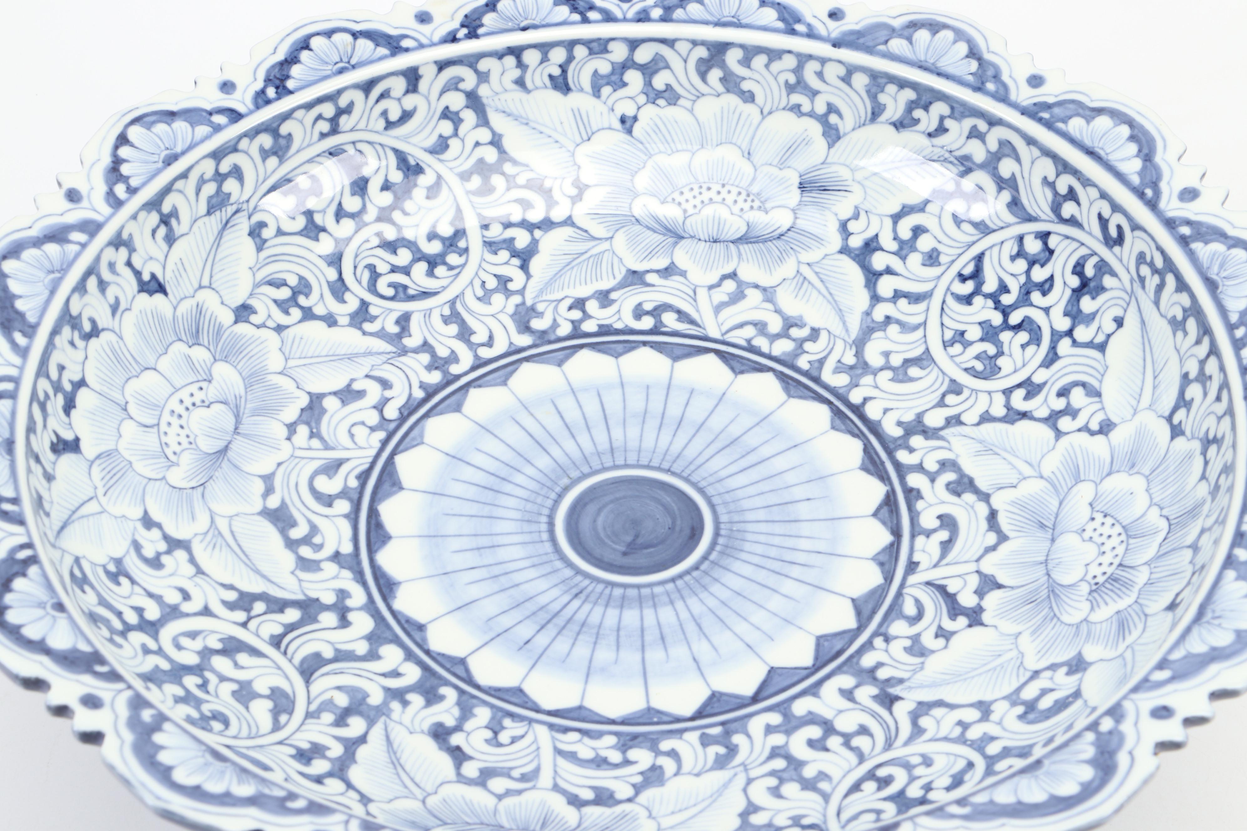 Hand-Painted Thai Blue and White Pedestal Bowl