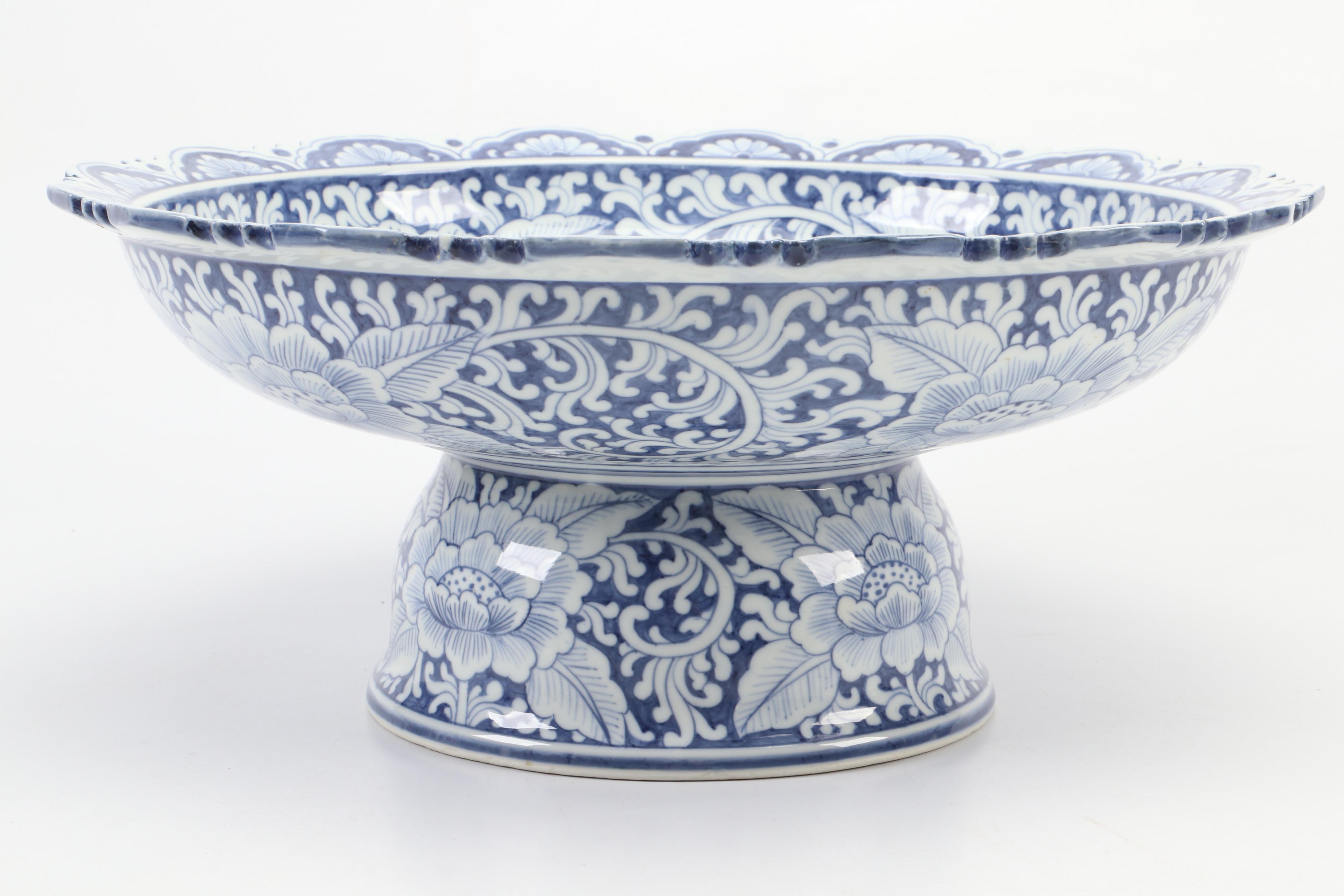 Hand-Painted Thai Blue and White Pedestal Bowl
