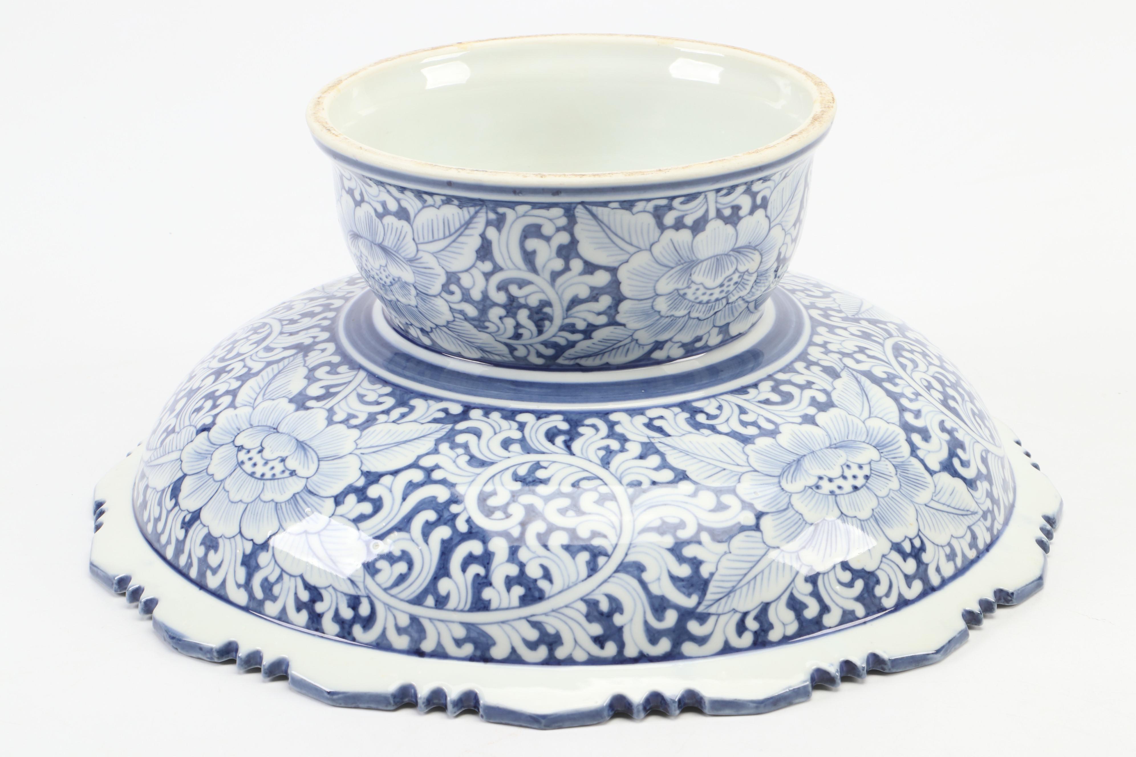 Hand-Painted Thai Blue and White Pedestal Bowl