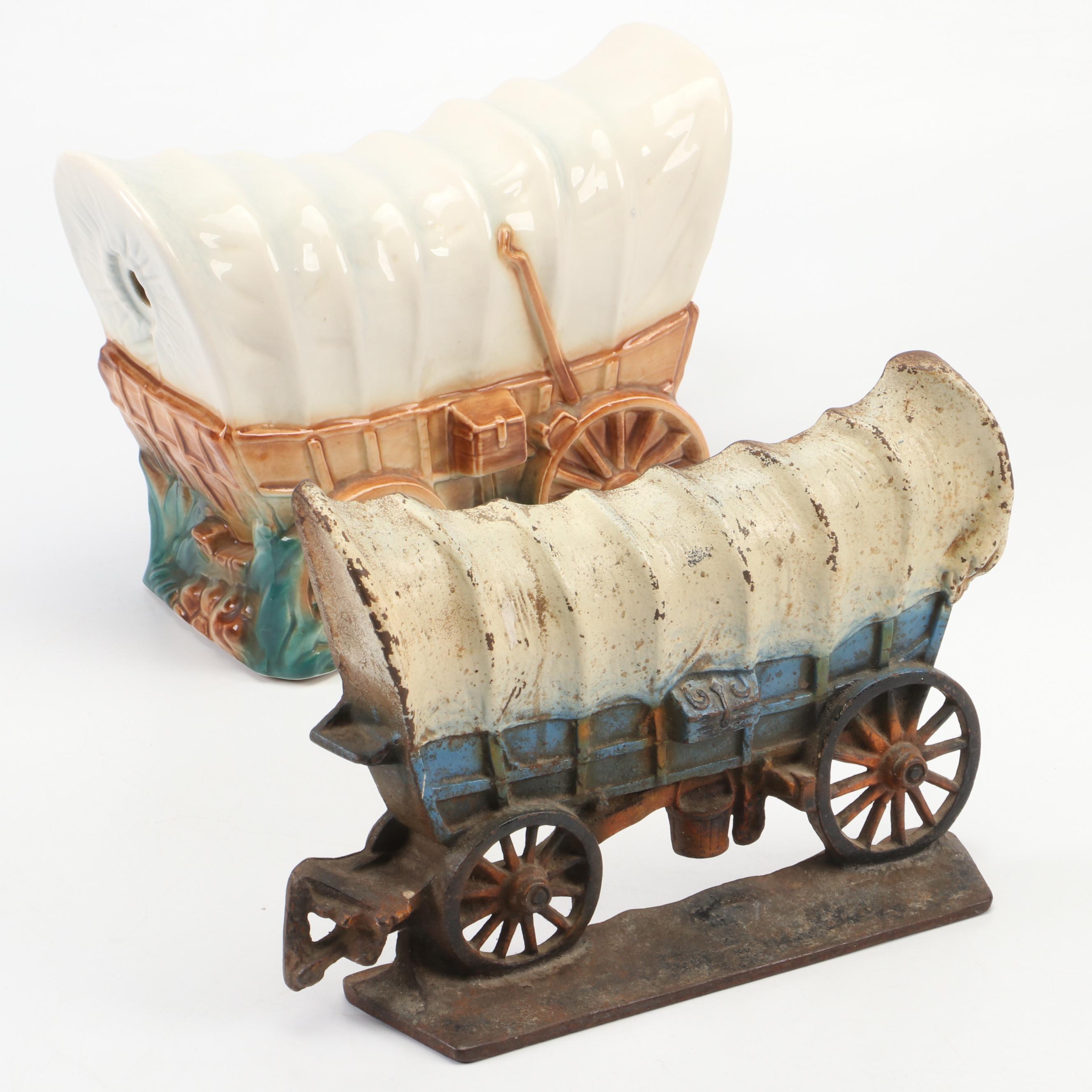 Cast Iron Conestoga Wagon Doorstop and Marcia of California Ceramic Lamp