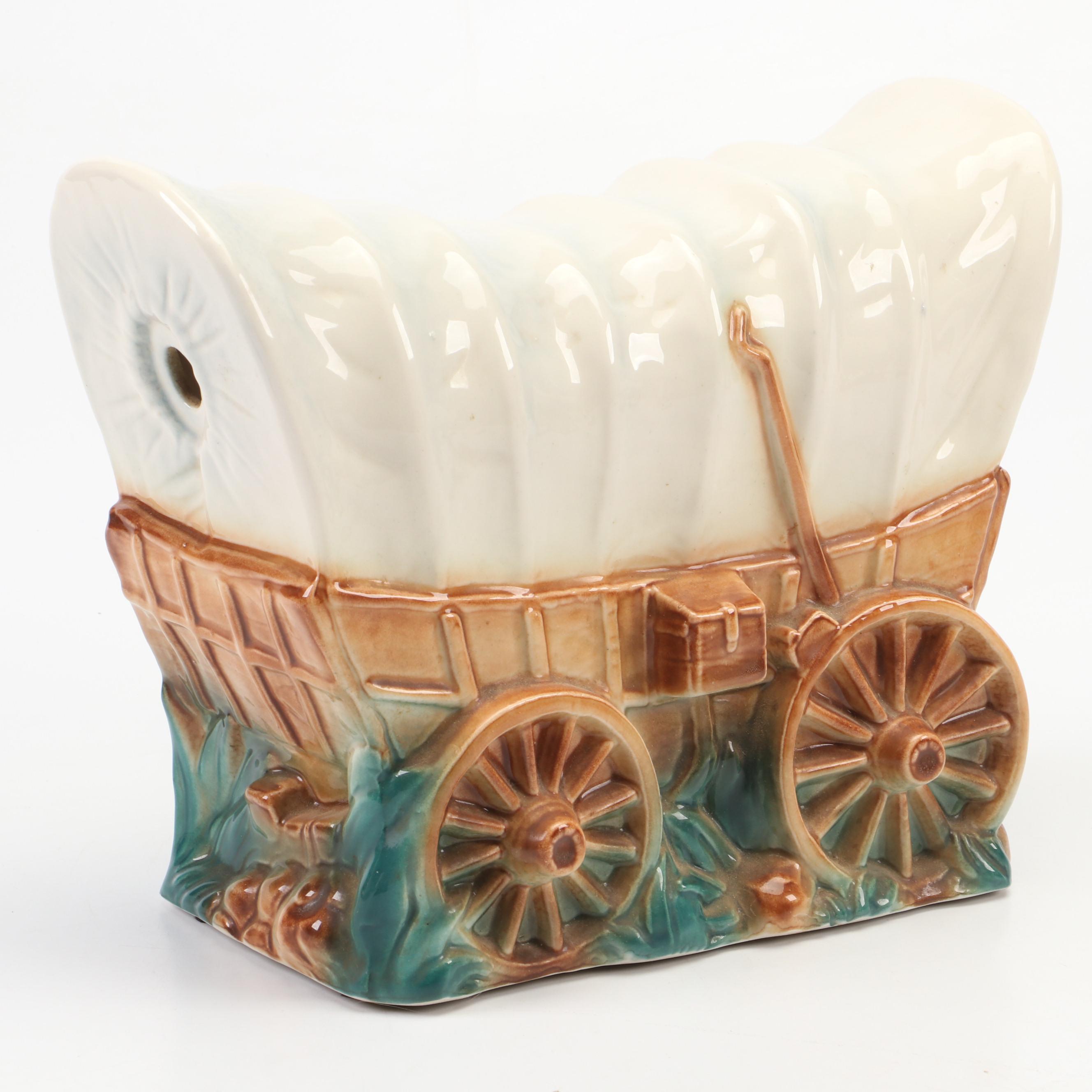 Cast Iron Conestoga Wagon Doorstop and Marcia of California Ceramic Lamp