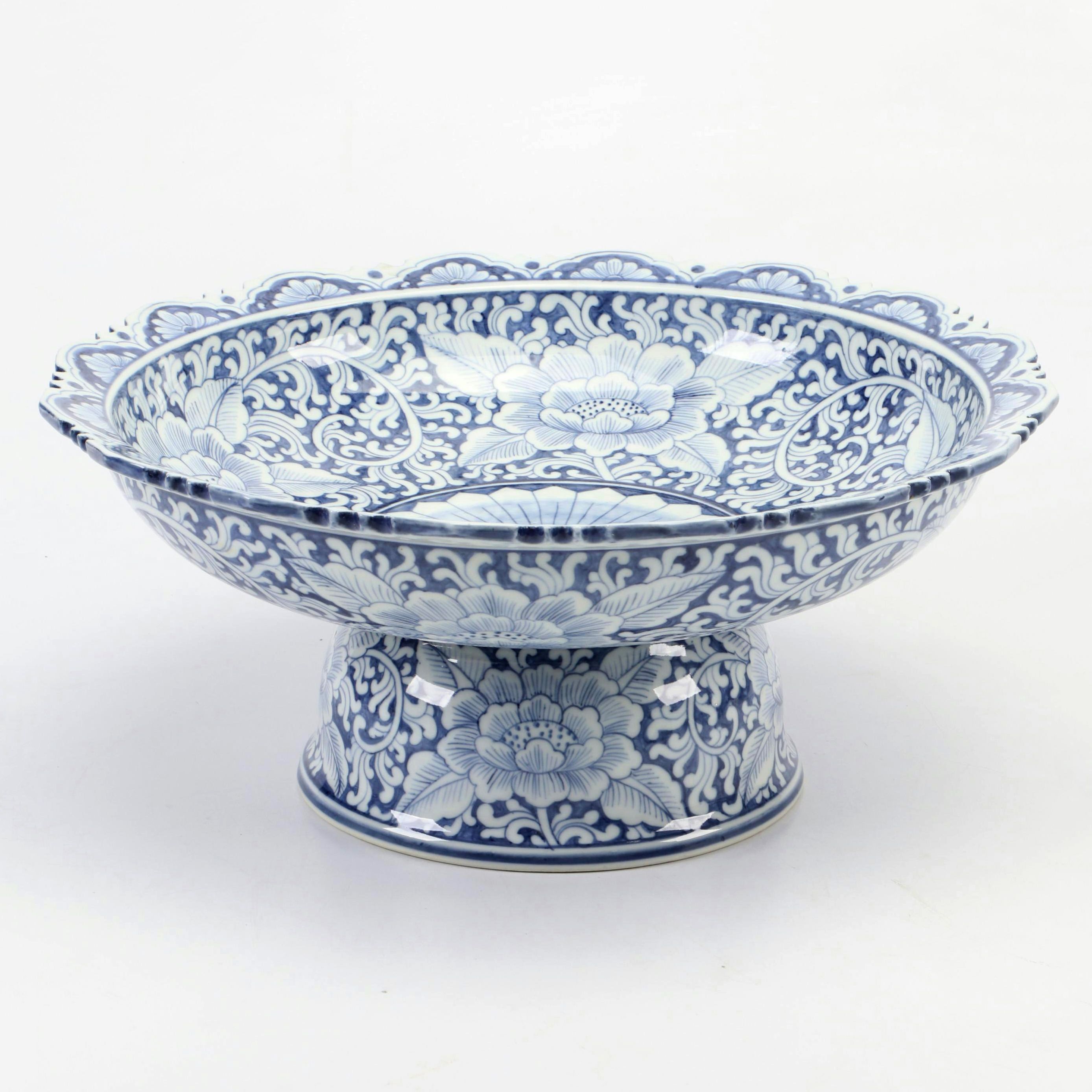 Hand-Painted Thai Blue and White Pedestal Bowl