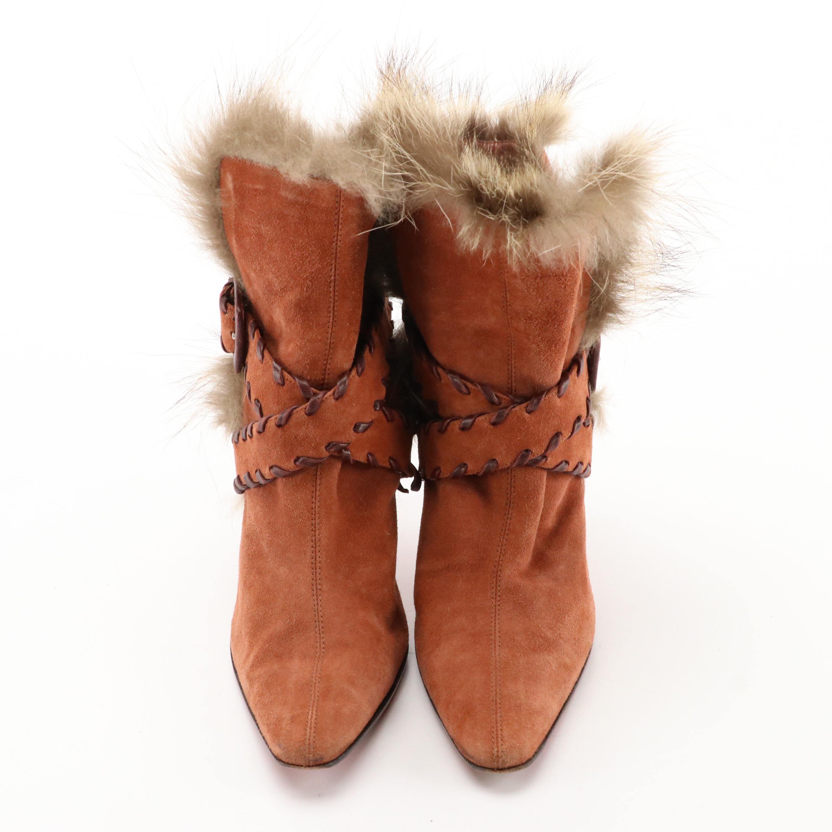 Christian Louboutin Suede High Heel Ankle Boots with Fur Trim
