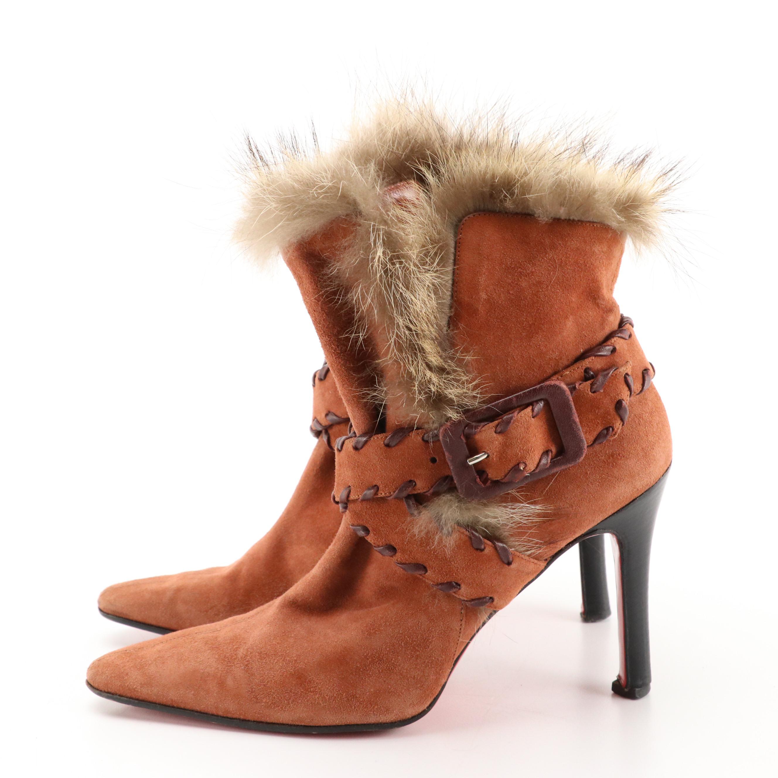 Christian Louboutin Suede High Heel Ankle Boots with Fur Trim