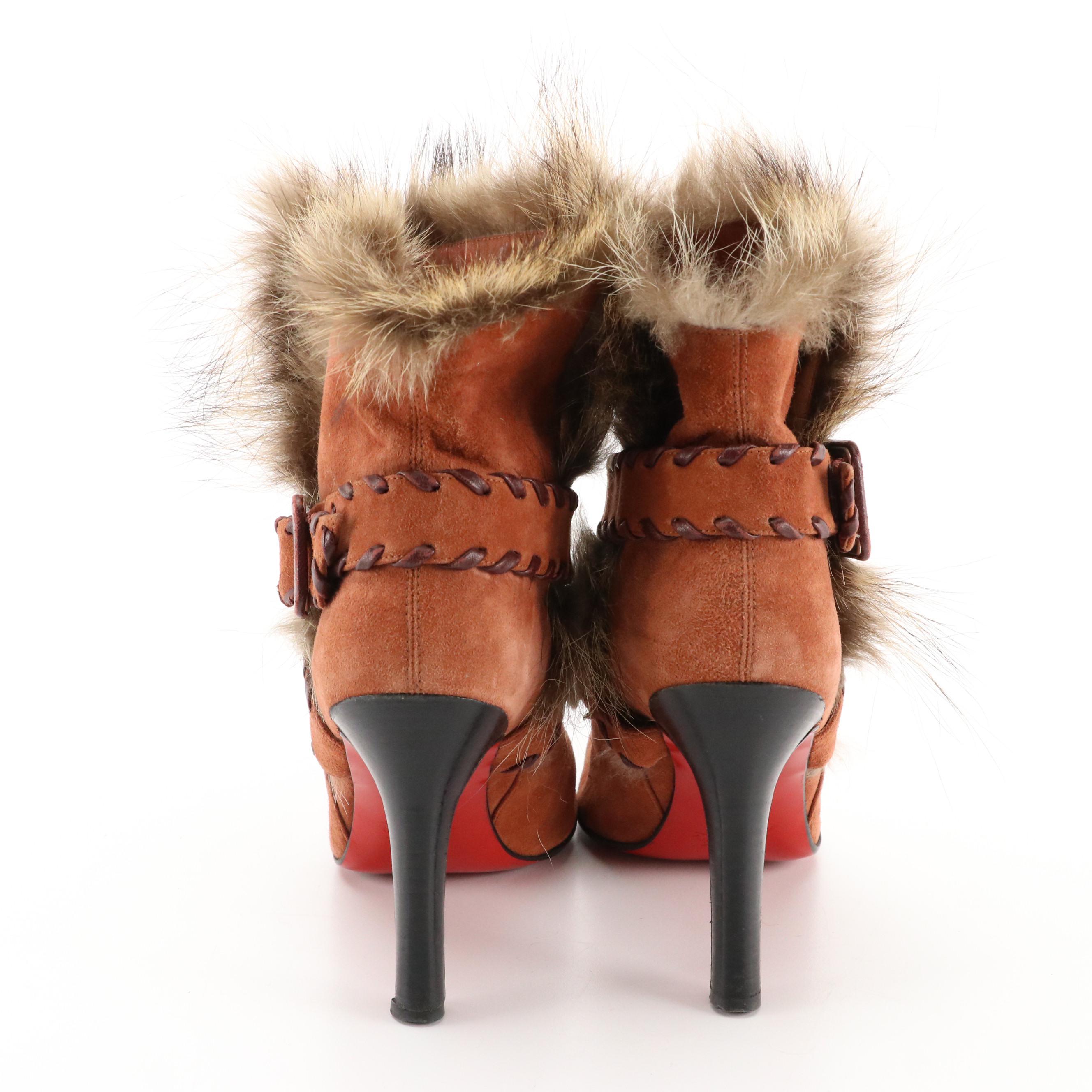 Christian Louboutin Suede High Heel Ankle Boots with Fur Trim