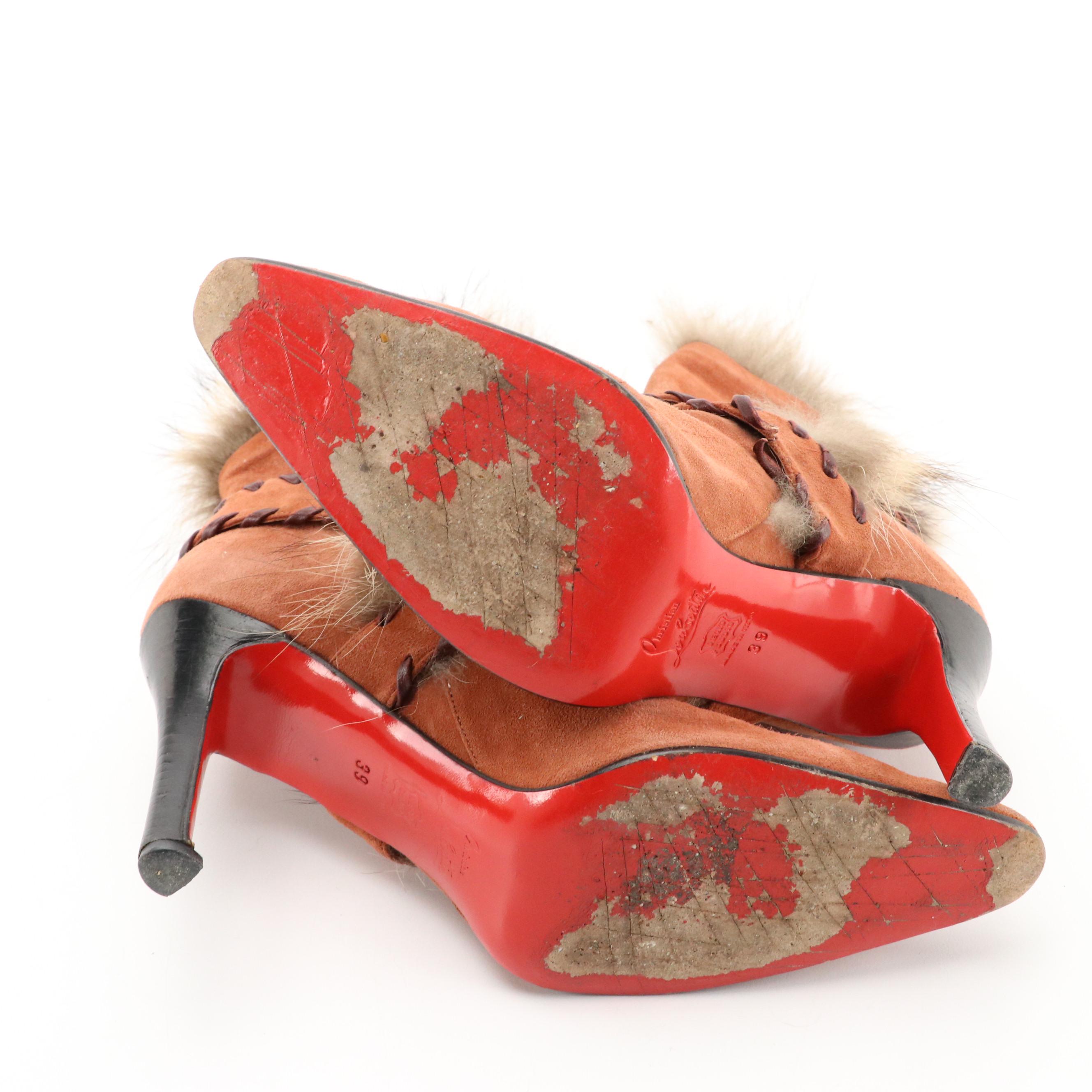 Christian Louboutin Suede High Heel Ankle Boots with Fur Trim