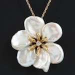 14K Pearl and Diamond Flower Pendant Necklace