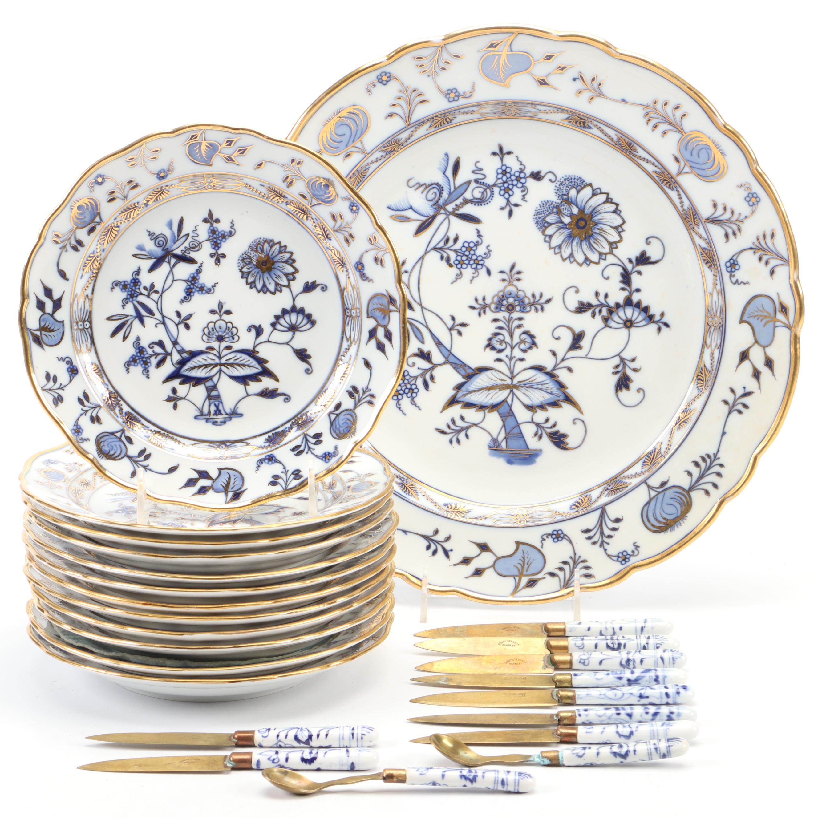 Meissen "Blue Onion" Gilt Porcelain Serving Platter and Place Setting Pieces