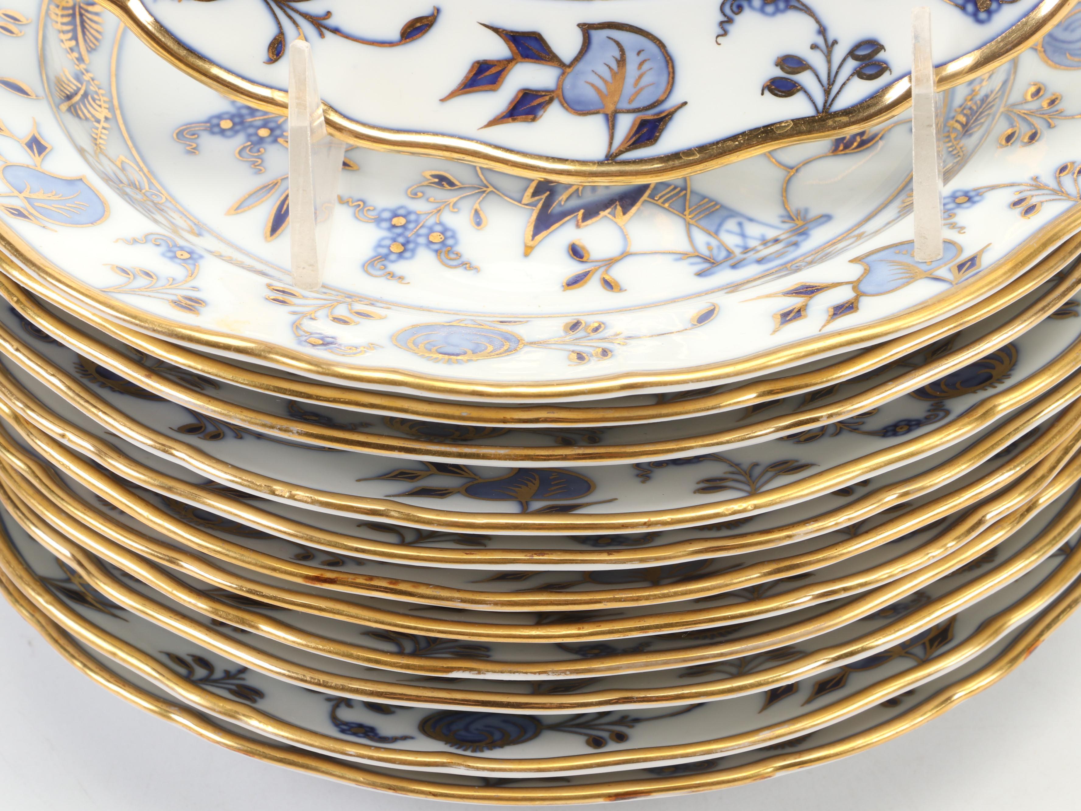 Meissen "Blue Onion" Gilt Porcelain Serving Platter and Place Setting Pieces