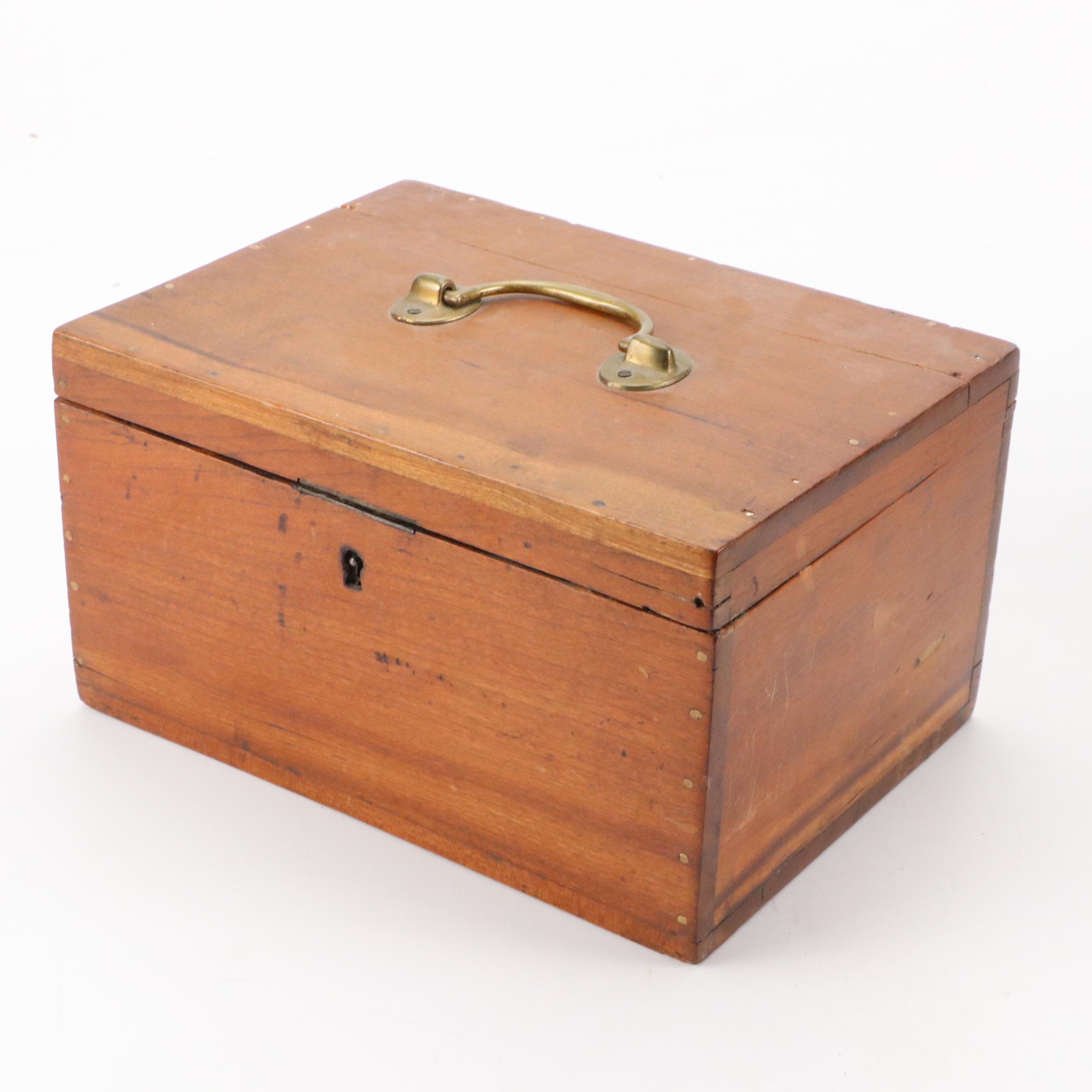 Brass Handled Wooden Lock Box with Divided Wooden Storage Box