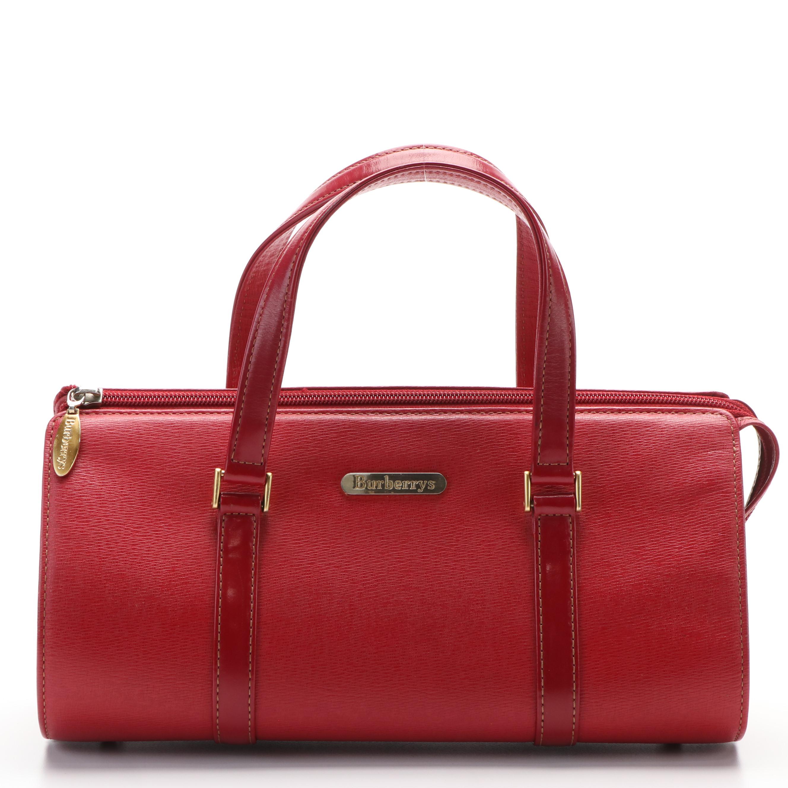 Burberrys Red Leather Barrel Style Handbag