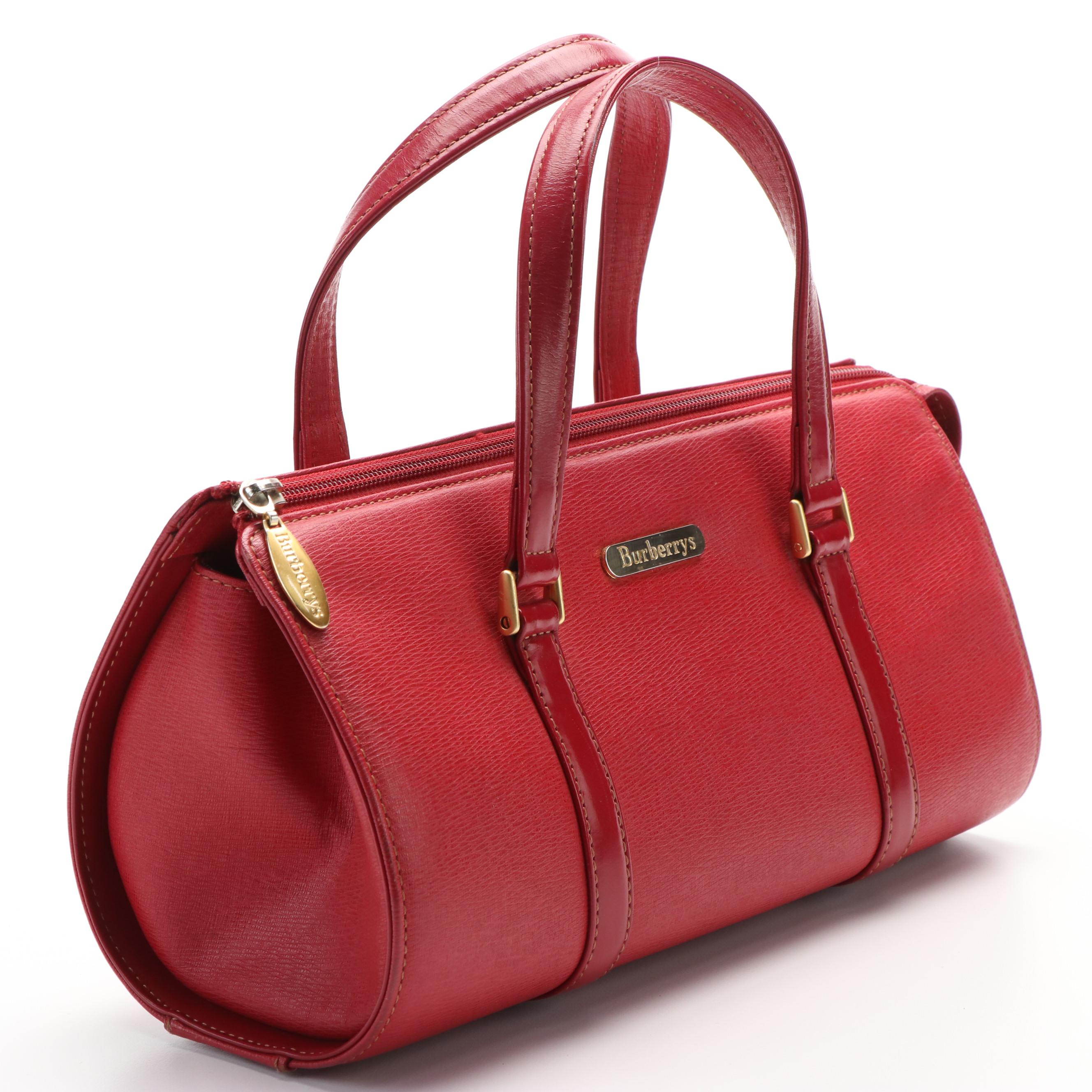 Burberrys Red Leather Barrel Style Handbag