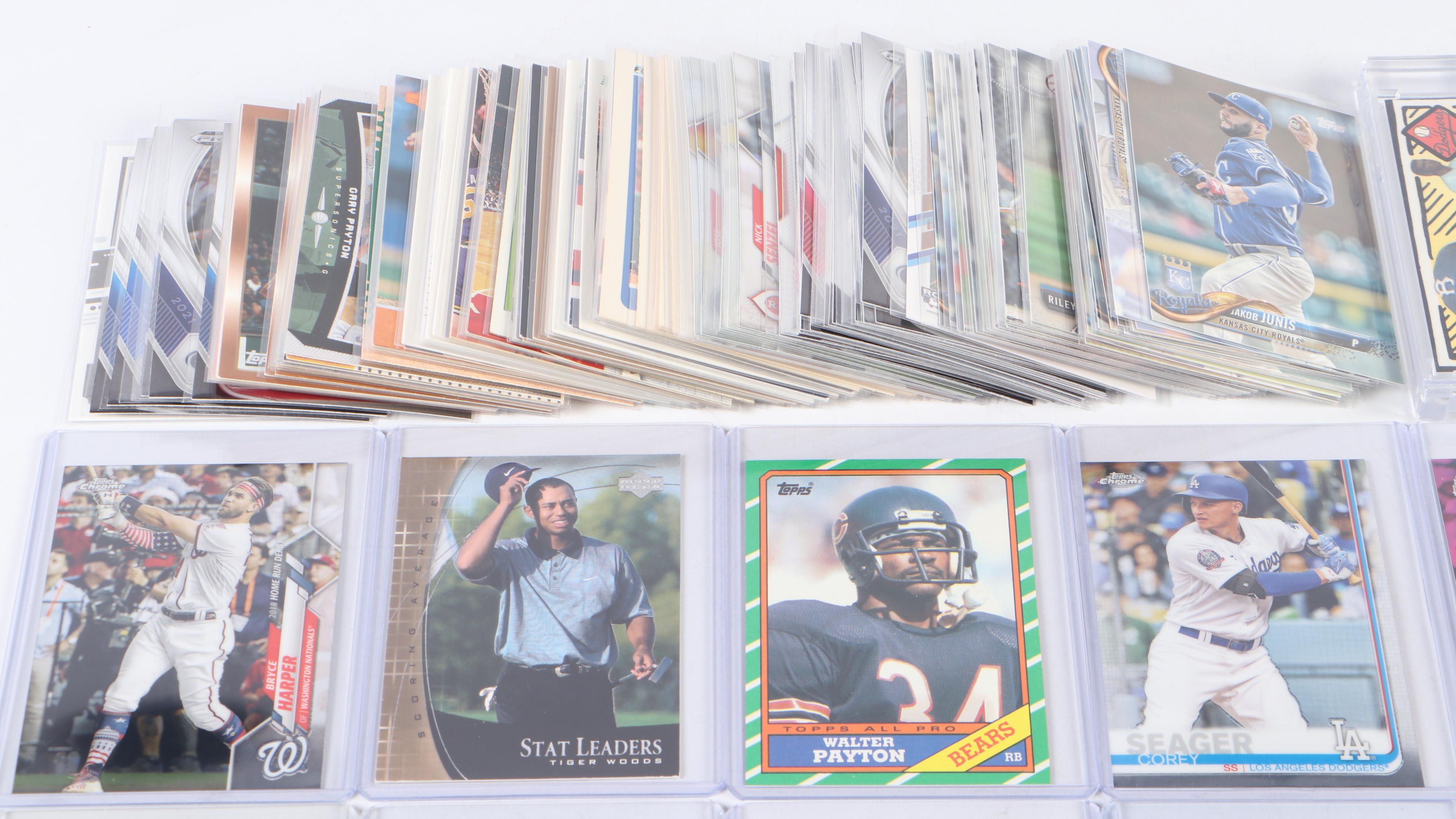 Mosaic and Other Sports Cards with Tiger Woods, Walter Payton, and Bryce Harper
