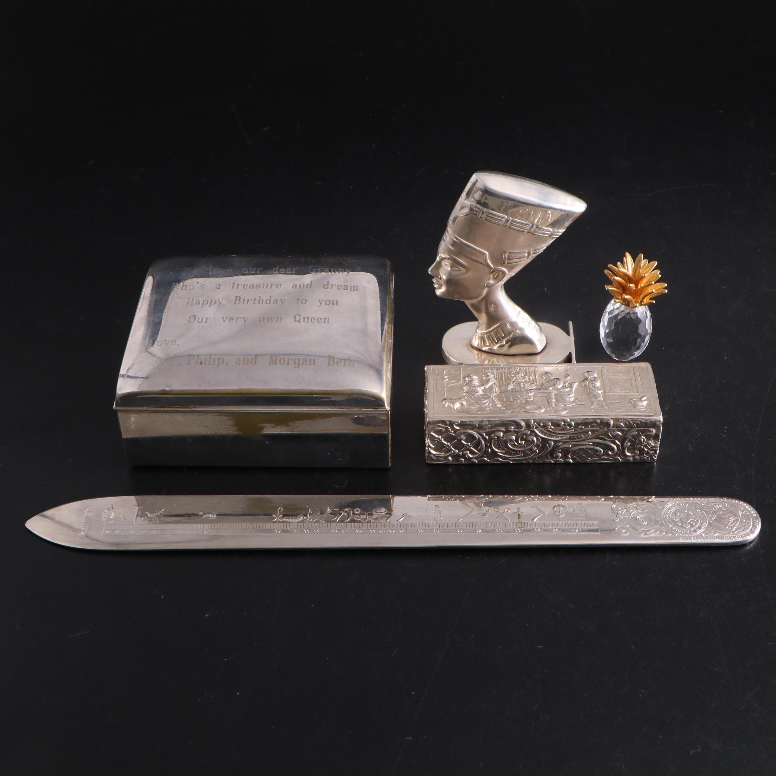 Towle Silver Plate Trinket Box with Embossed Silver Plate Box and More