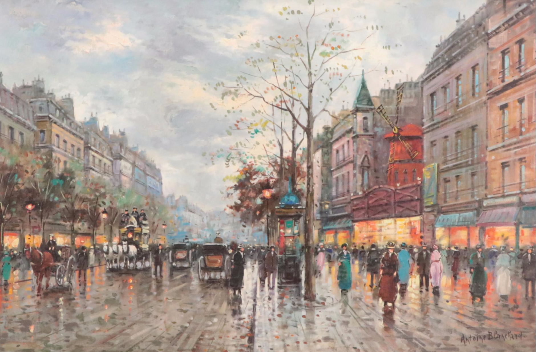 Antoine Blanchard Parisian Cityscape Oil Painting of Moulin Rouge