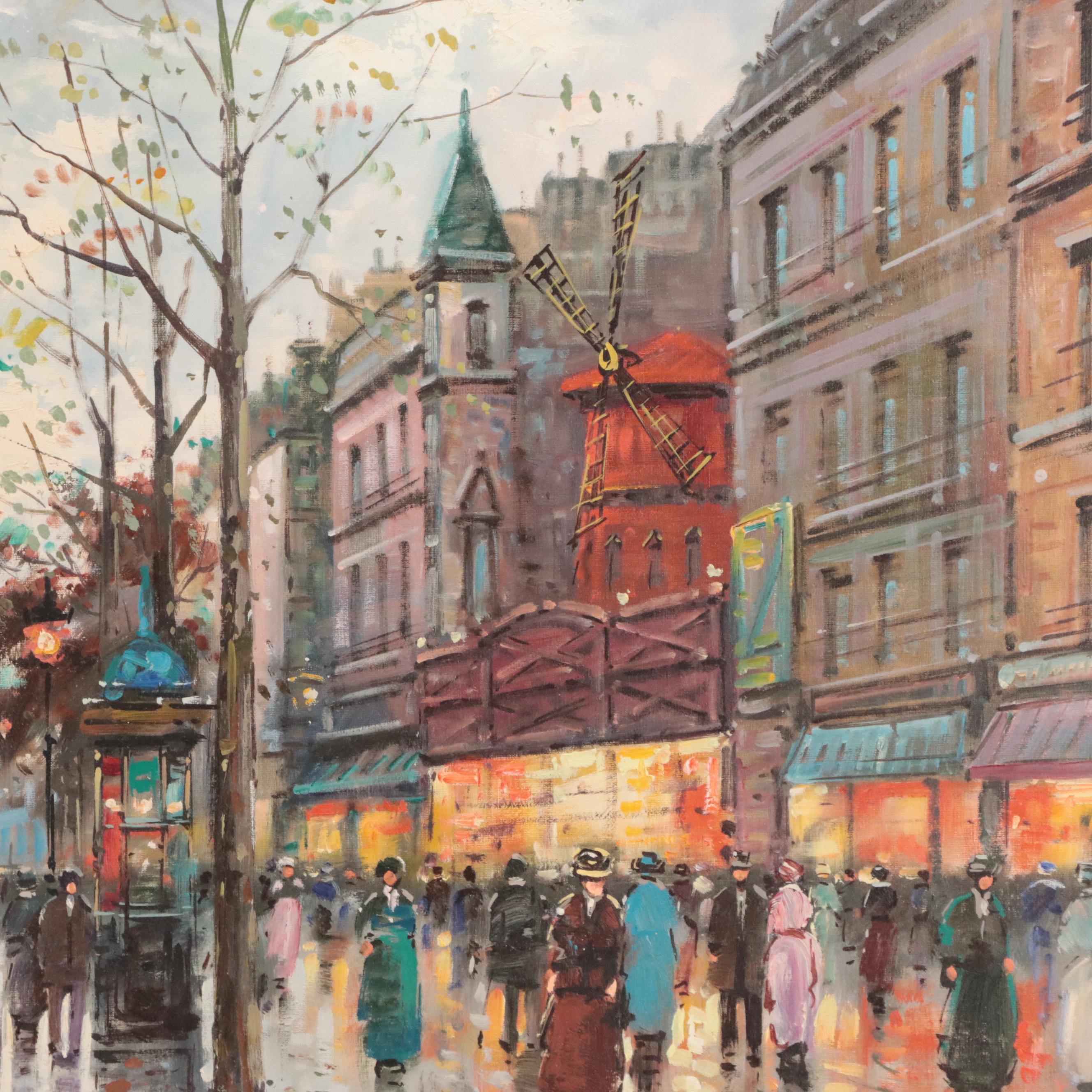 Antoine Blanchard Parisian Cityscape Oil Painting of Moulin Rouge