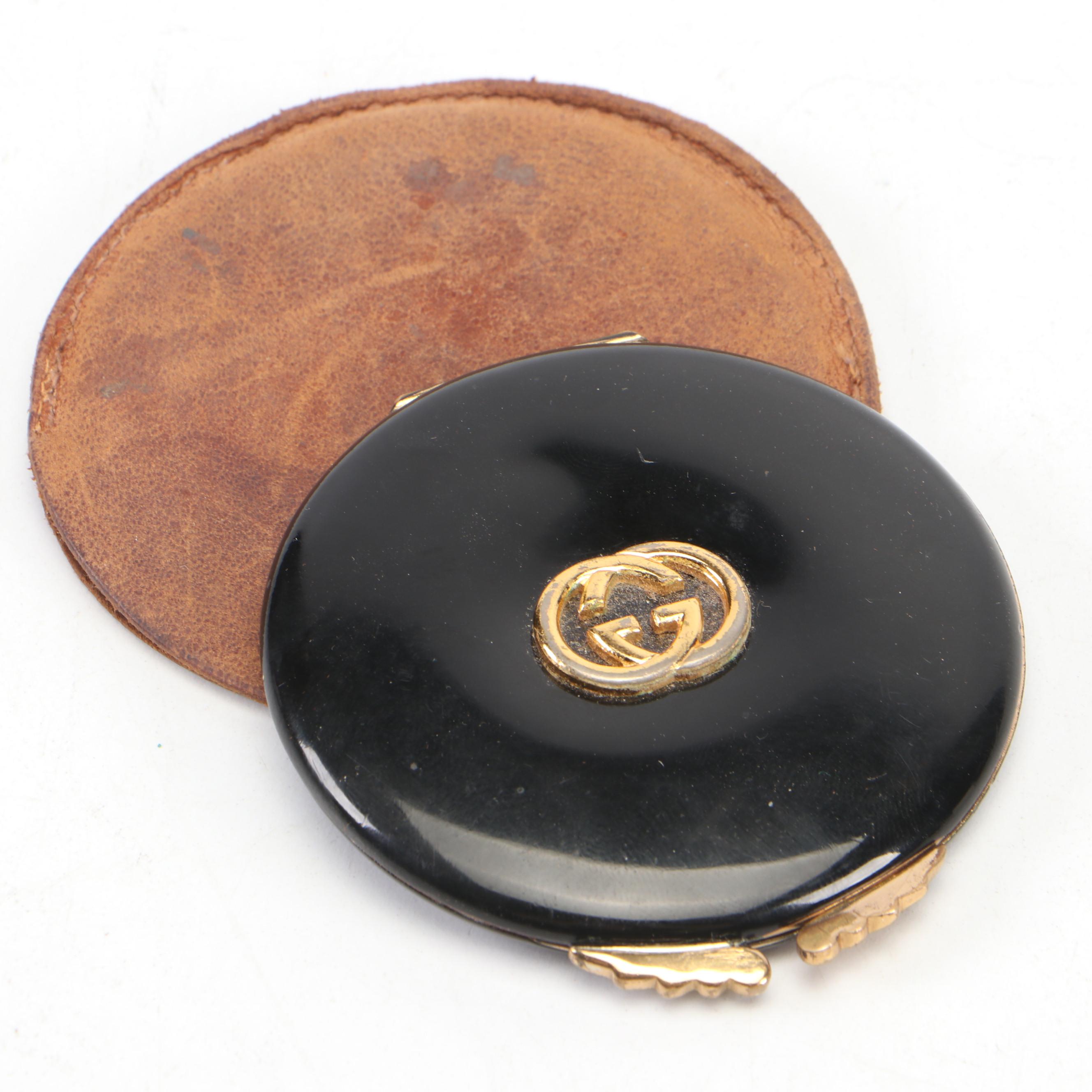 Gucci Enameled Brass Compact Mirror with Leather Storage Bag