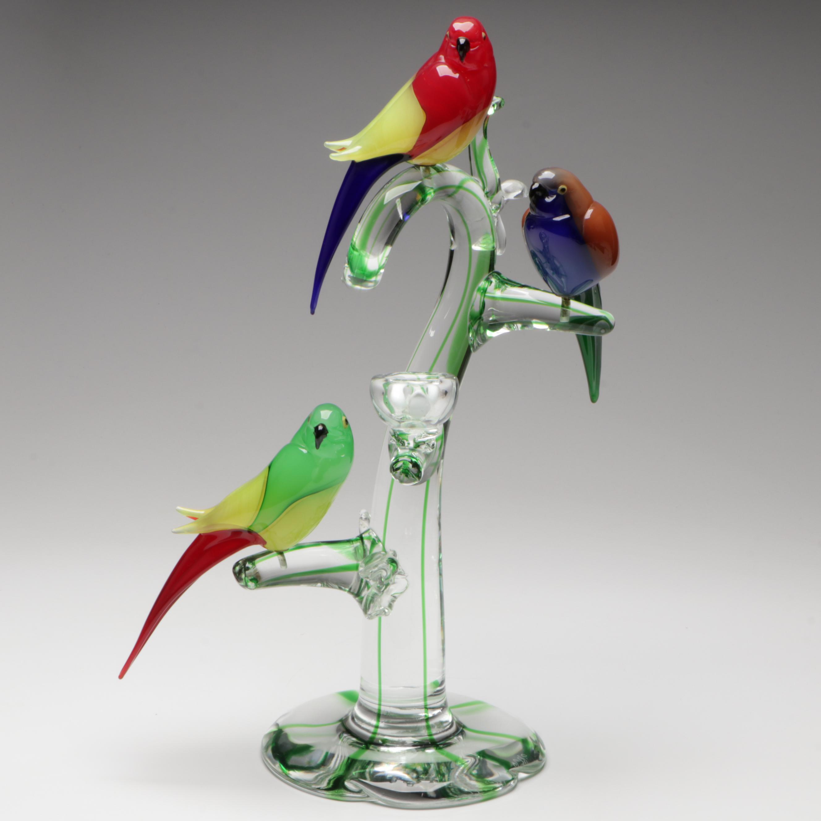 Arnaldo Zanella Murano Handcrafted Parrots and Nest in Tree Art Glass Sculpture