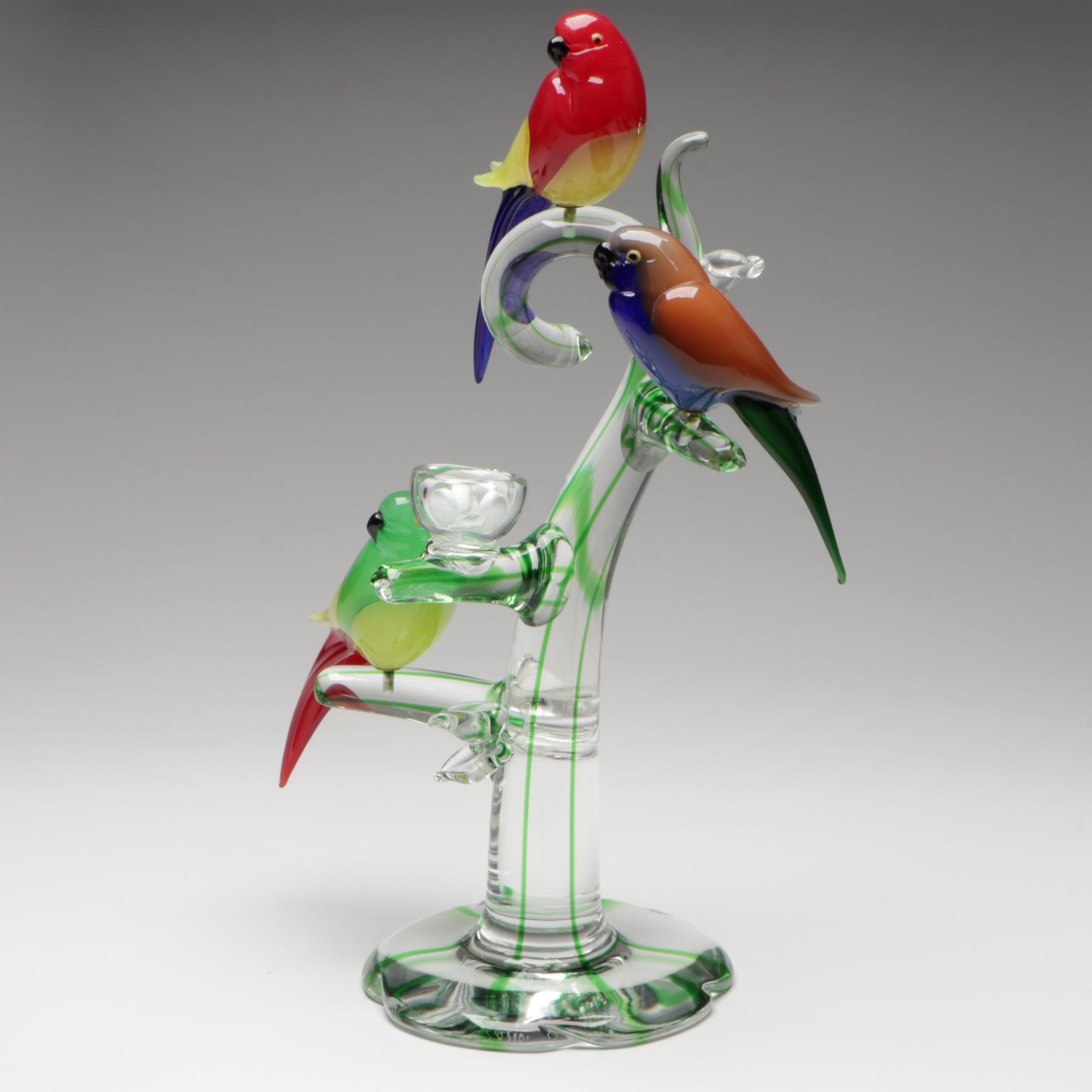 Arnaldo Zanella Murano Handcrafted Parrots and Nest in Tree Art Glass Sculpture