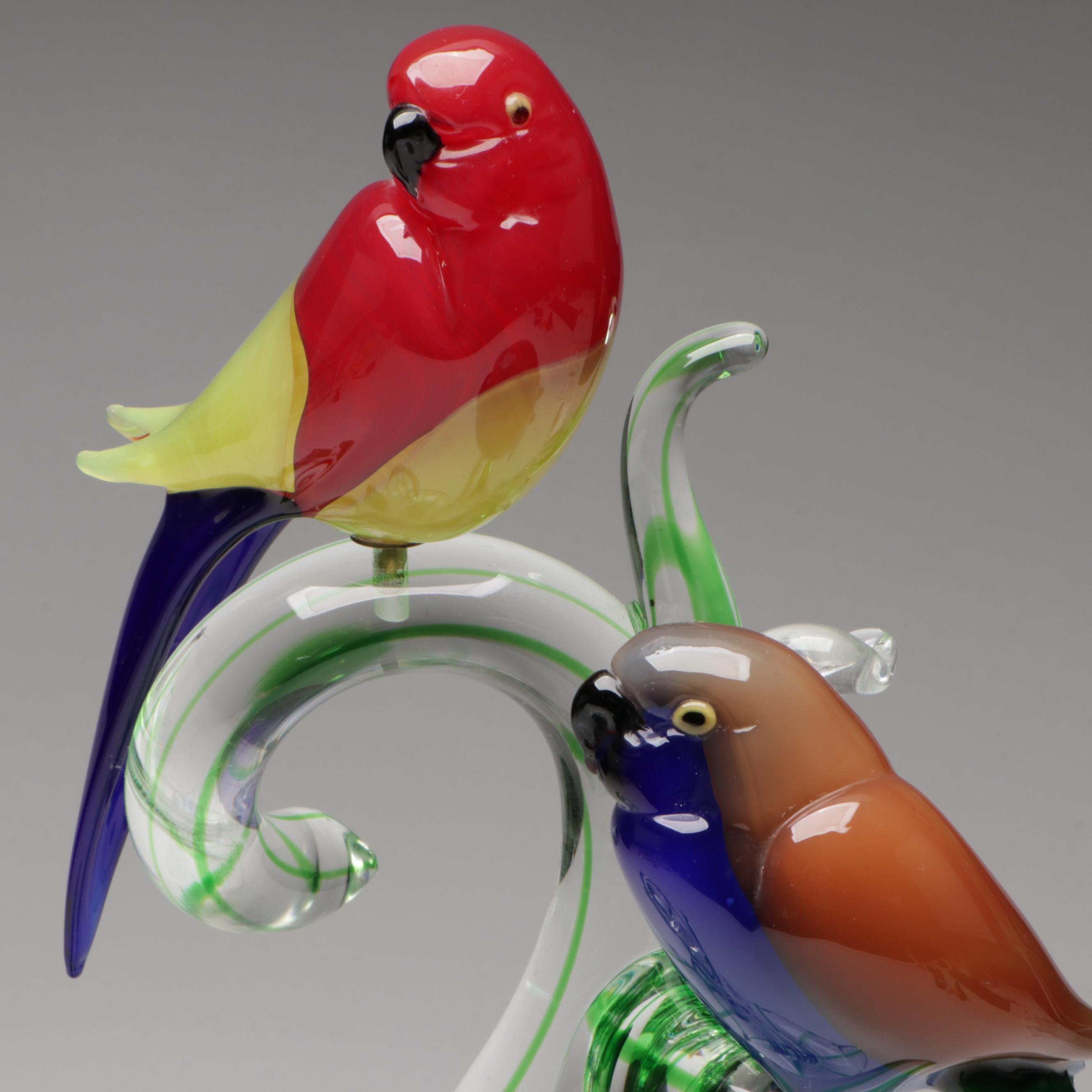 Arnaldo Zanella Murano Handcrafted Parrots and Nest in Tree Art Glass Sculpture