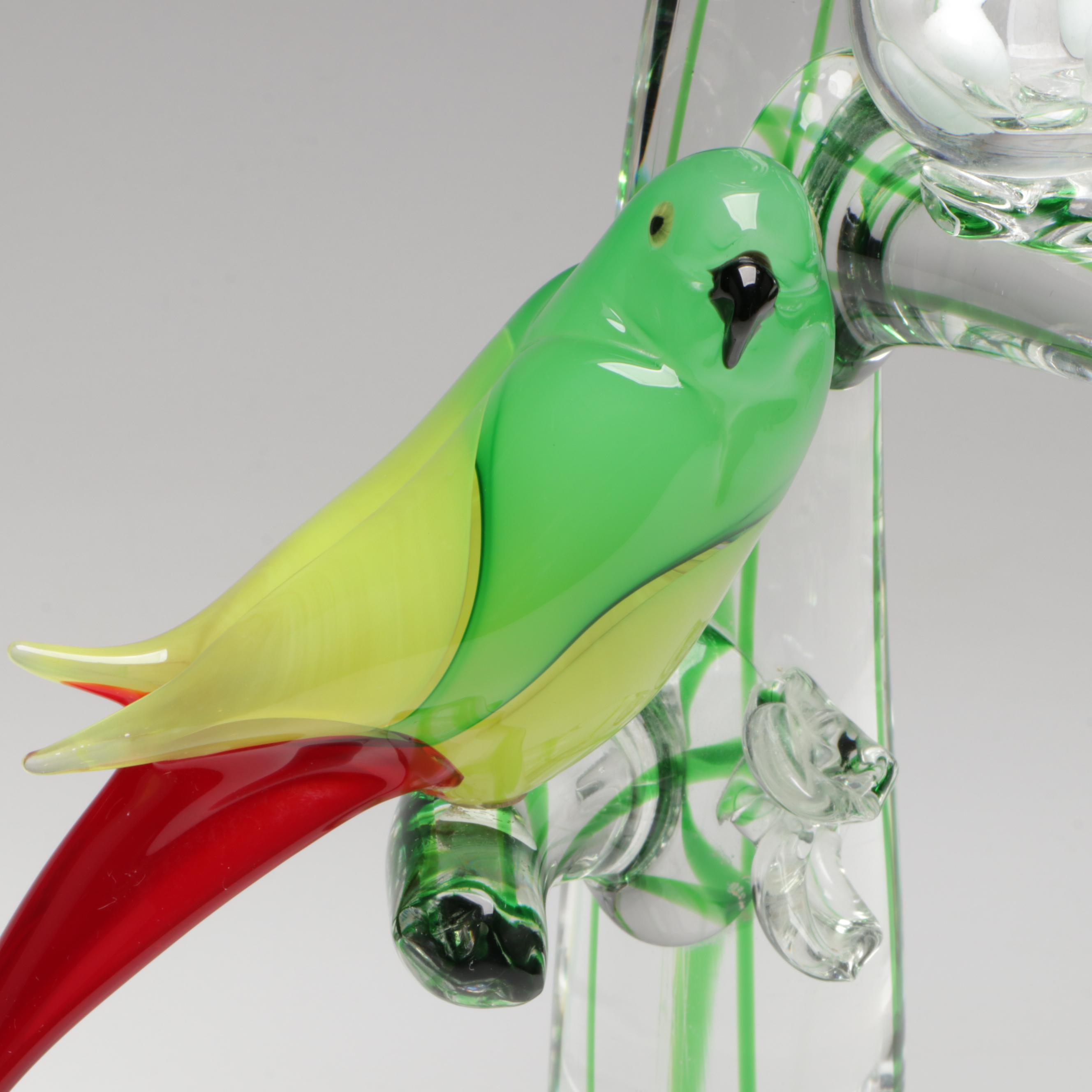 Arnaldo Zanella Murano Handcrafted Parrots and Nest in Tree Art Glass Sculpture