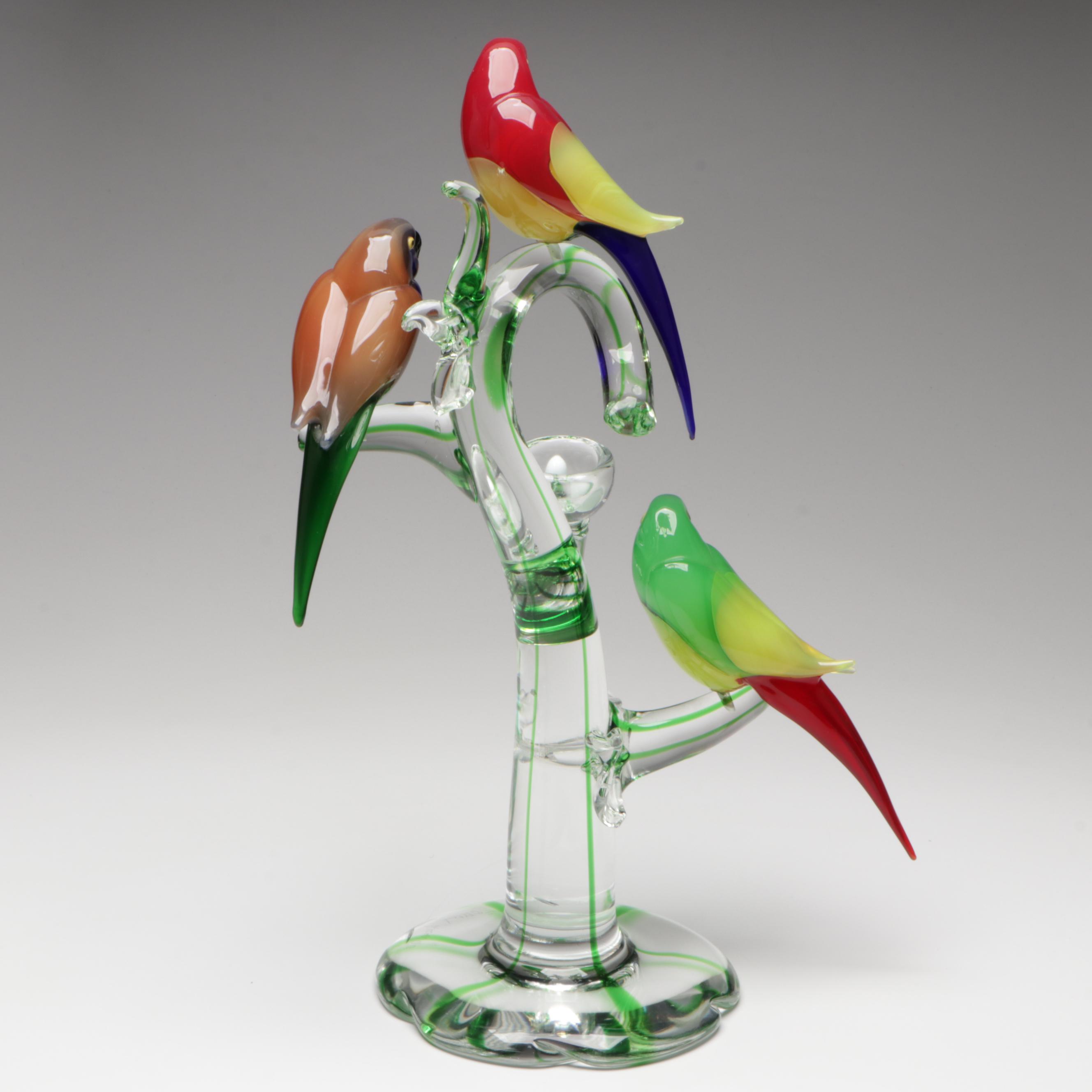 Arnaldo Zanella Murano Handcrafted Parrots and Nest in Tree Art Glass Sculpture