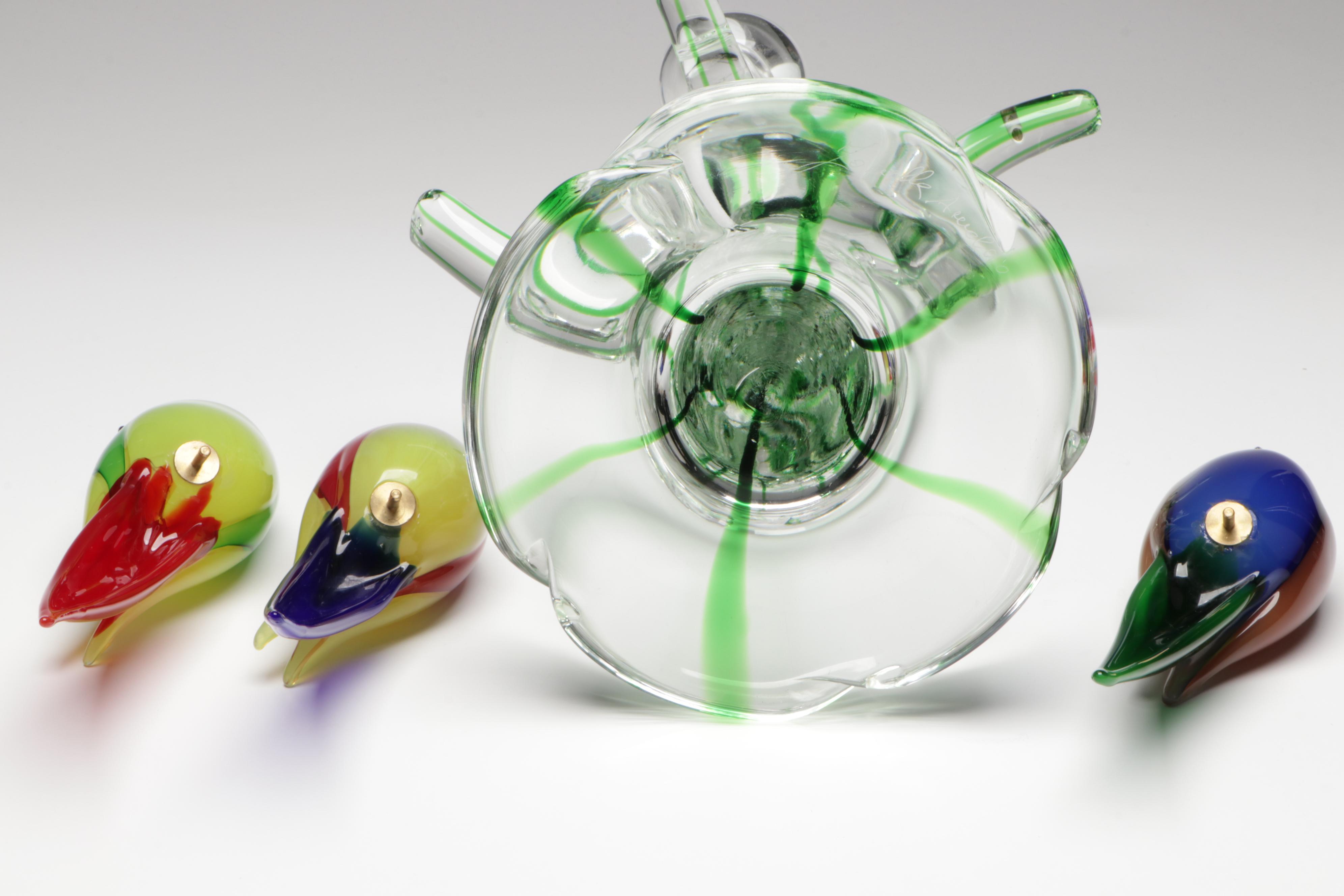 Arnaldo Zanella Murano Handcrafted Parrots and Nest in Tree Art Glass Sculpture