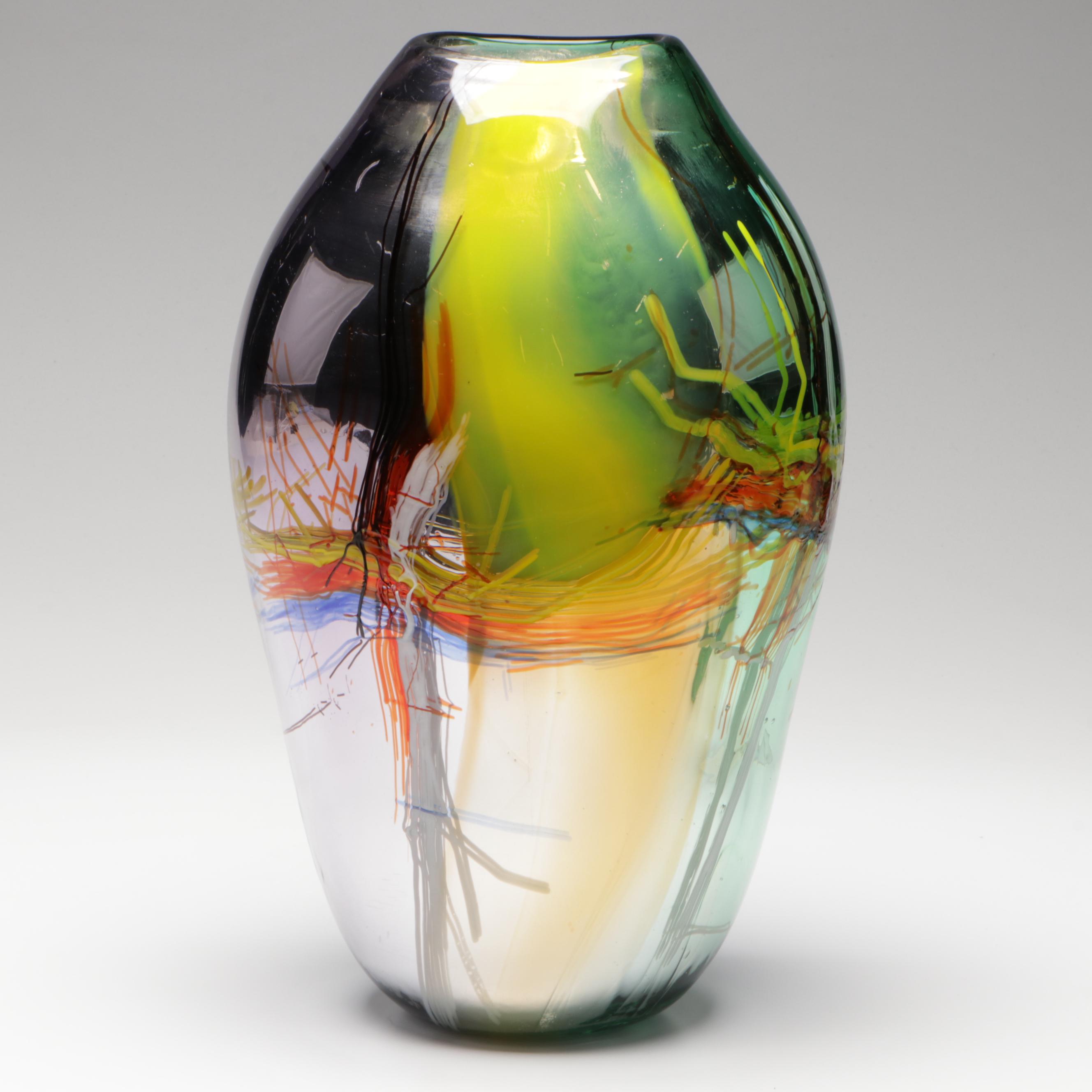 Handblown Multicolor with Applied Stringers Mirrored Art Glass Vase