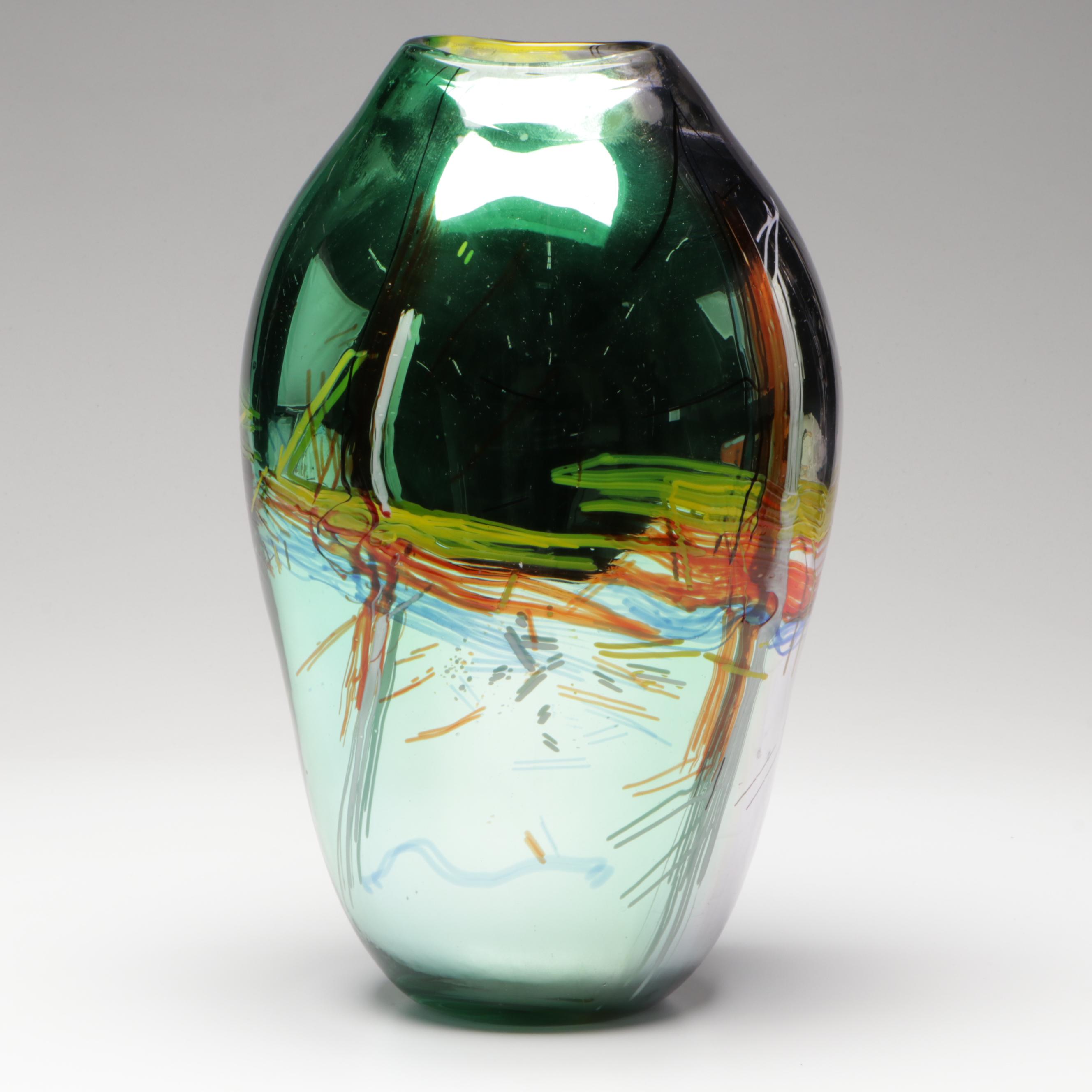 Handblown Multicolor with Applied Stringers Mirrored Art Glass Vase