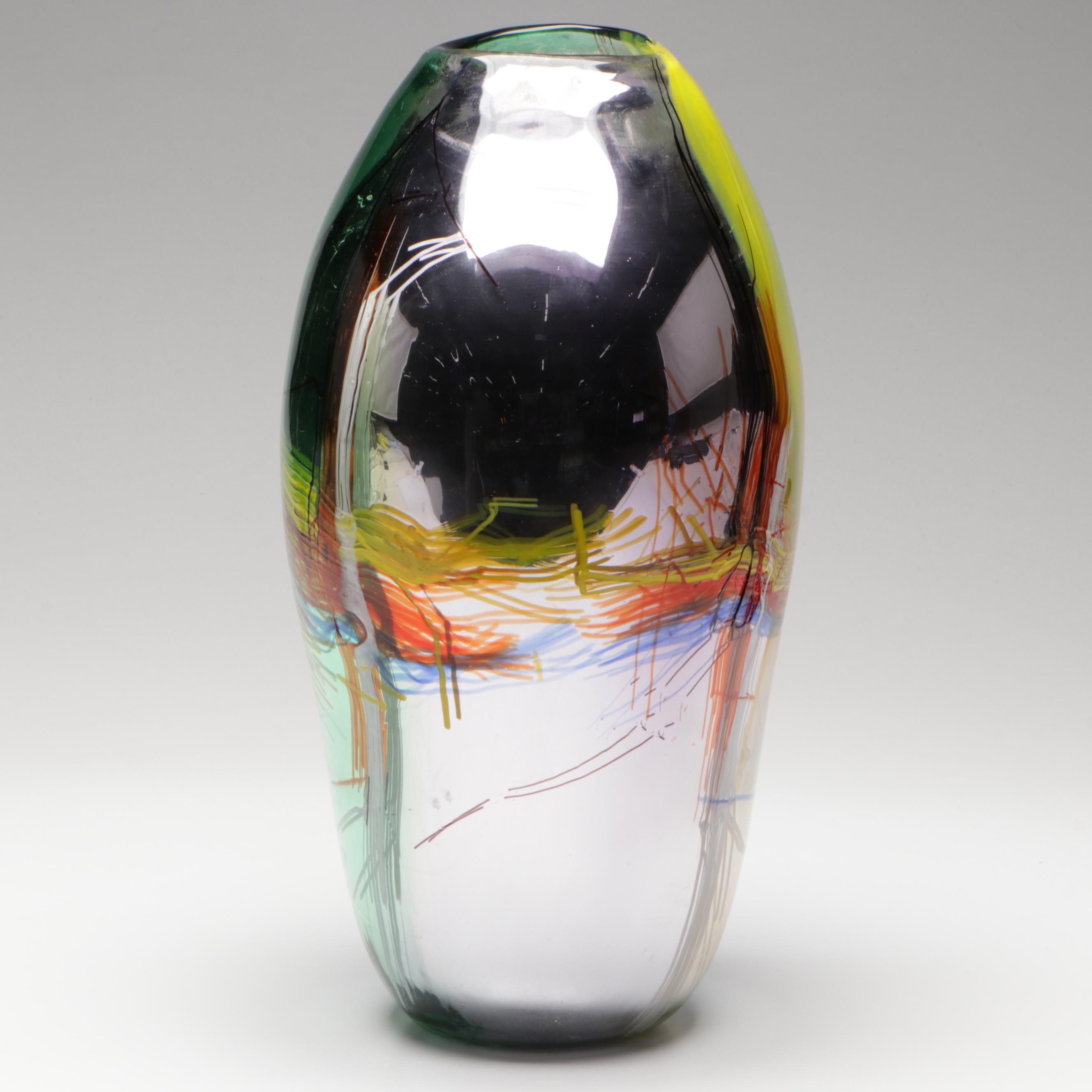 Handblown Multicolor with Applied Stringers Mirrored Art Glass Vase