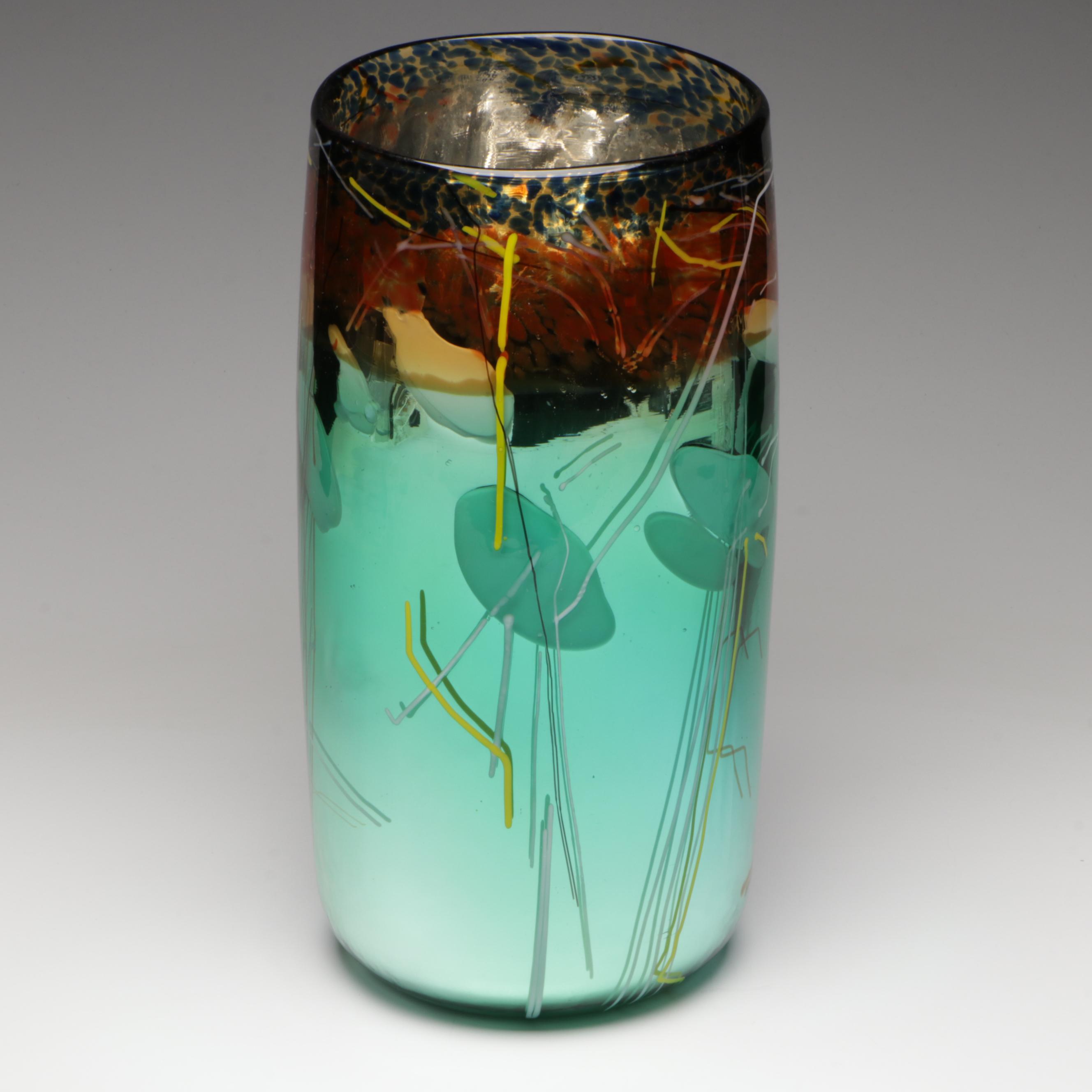 Handblown Multicolor with Applied Stringers Mirrored Art Glass Vase