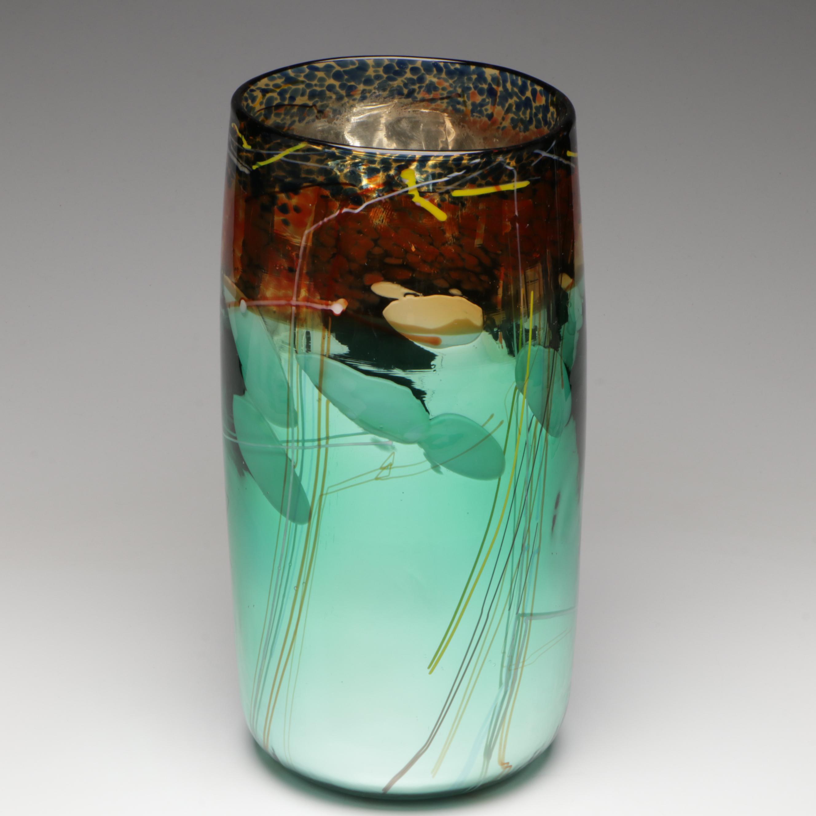 Handblown Multicolor with Applied Stringers Mirrored Art Glass Vase