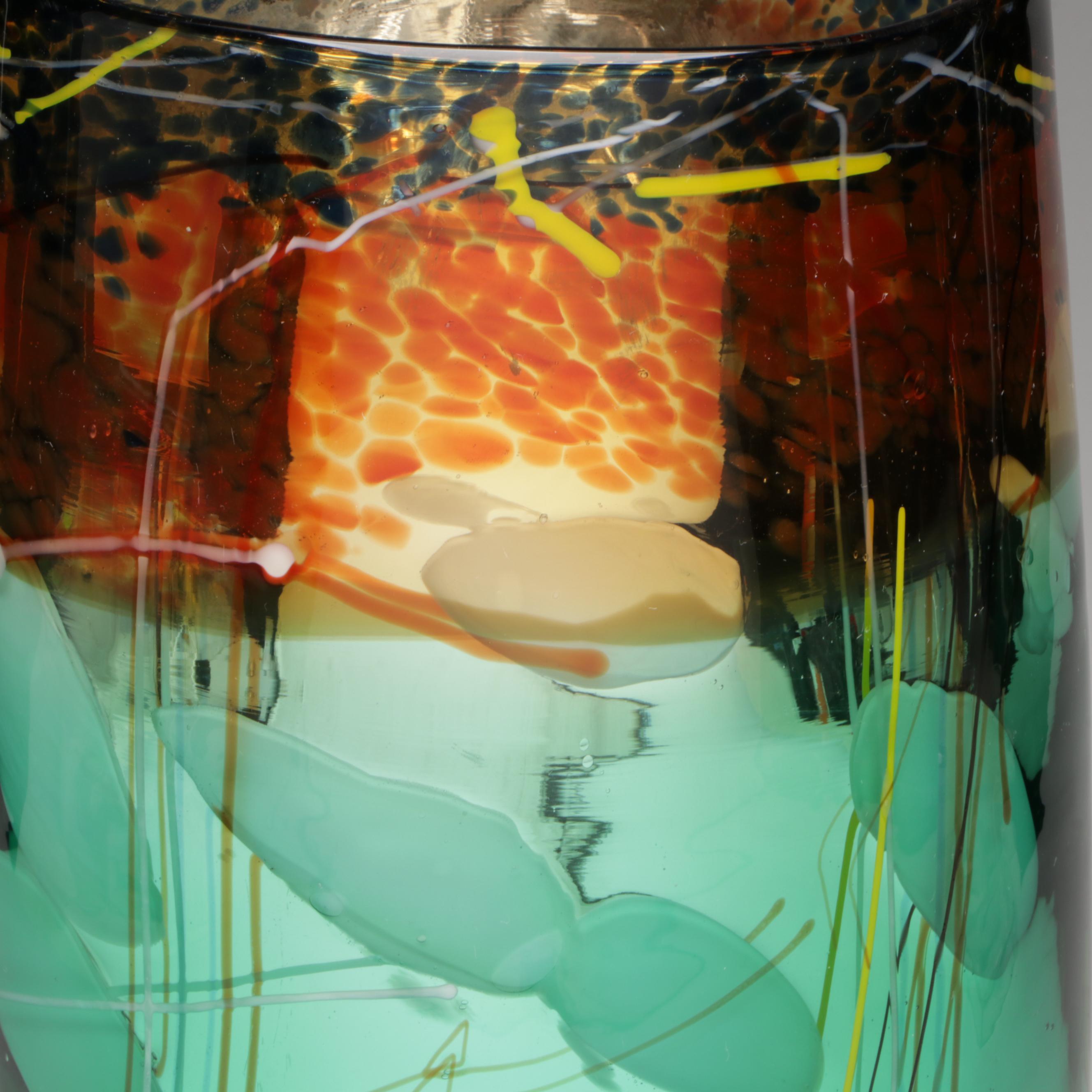 Handblown Multicolor with Applied Stringers Mirrored Art Glass Vase