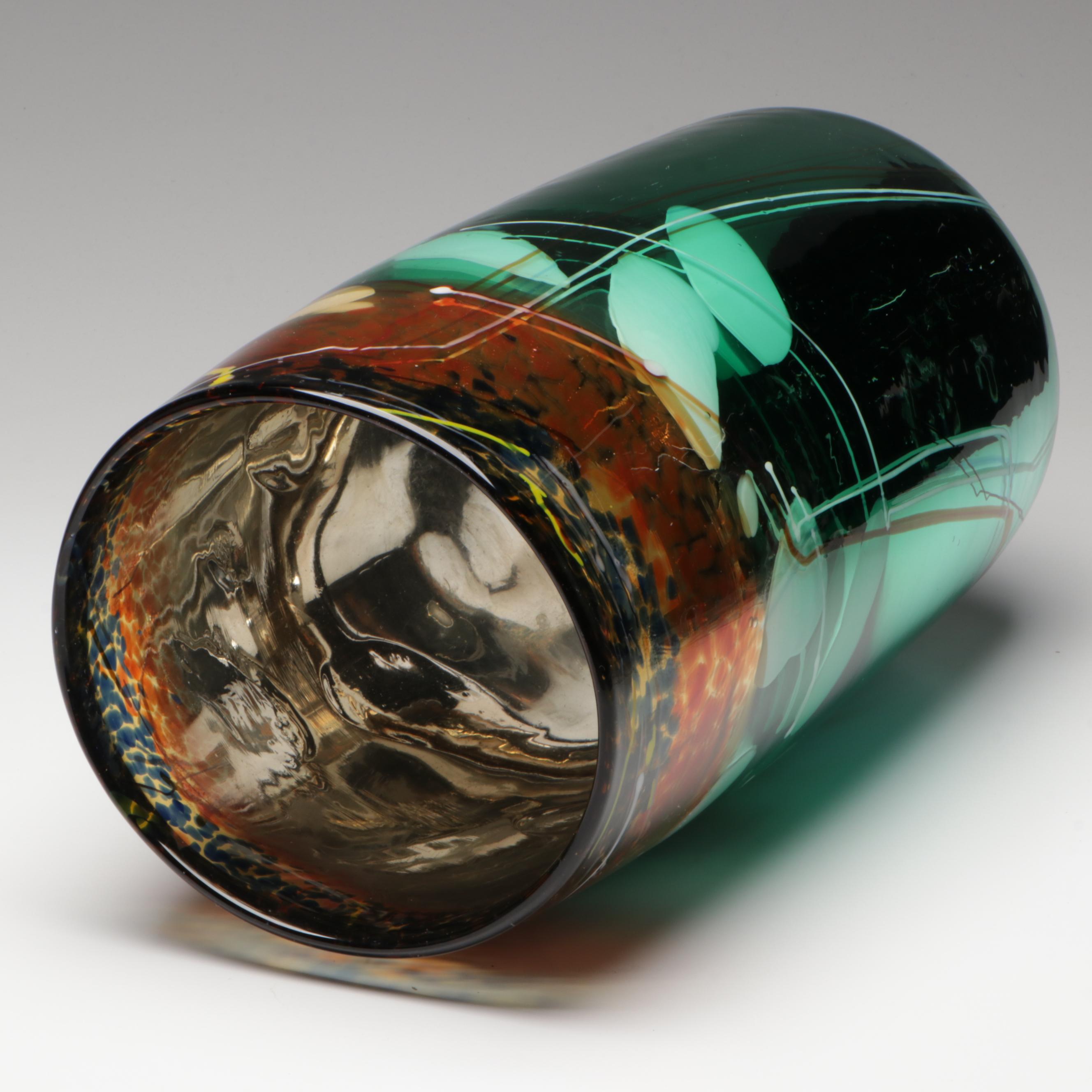 Handblown Multicolor with Applied Stringers Mirrored Art Glass Vase