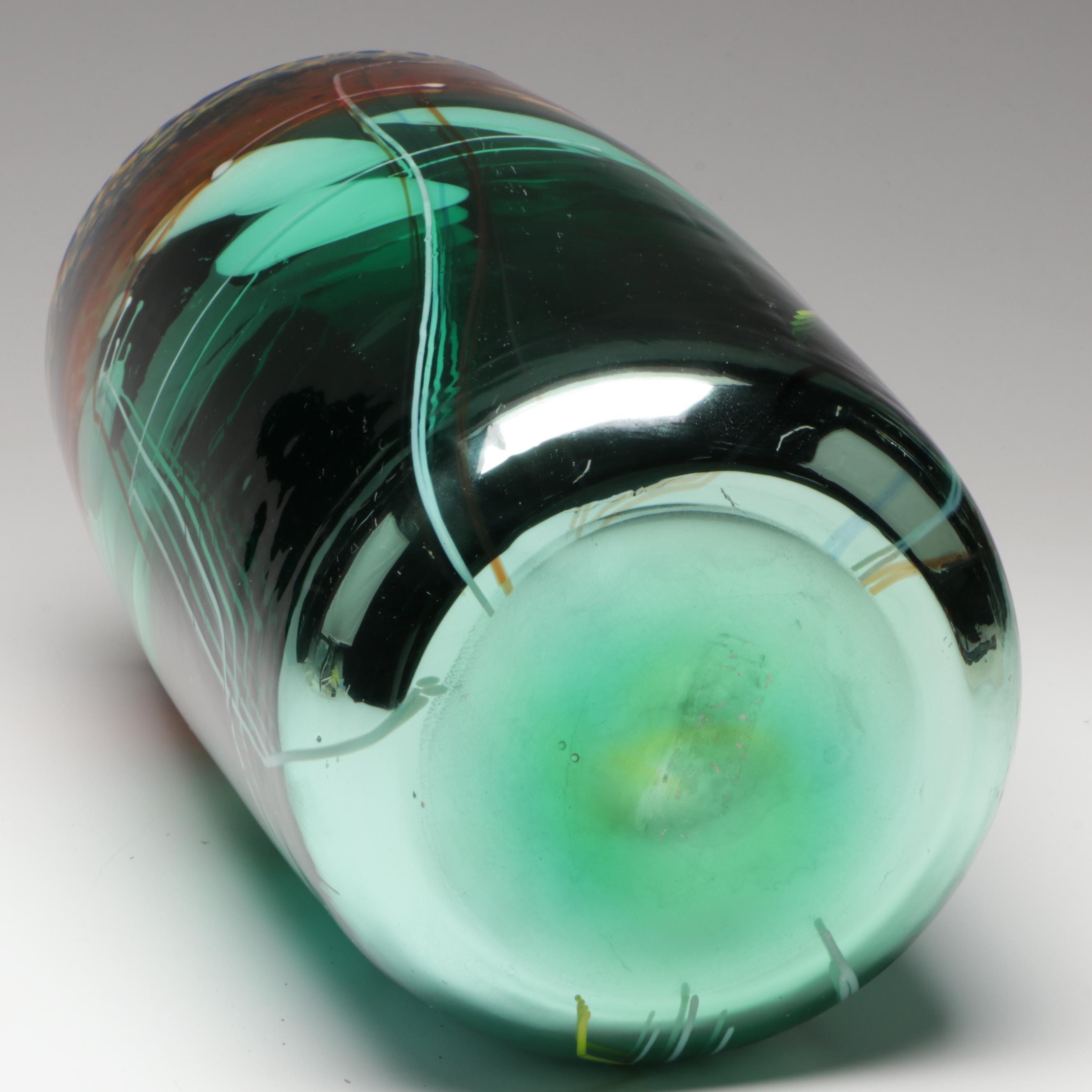 Handblown Multicolor with Applied Stringers Mirrored Art Glass Vase