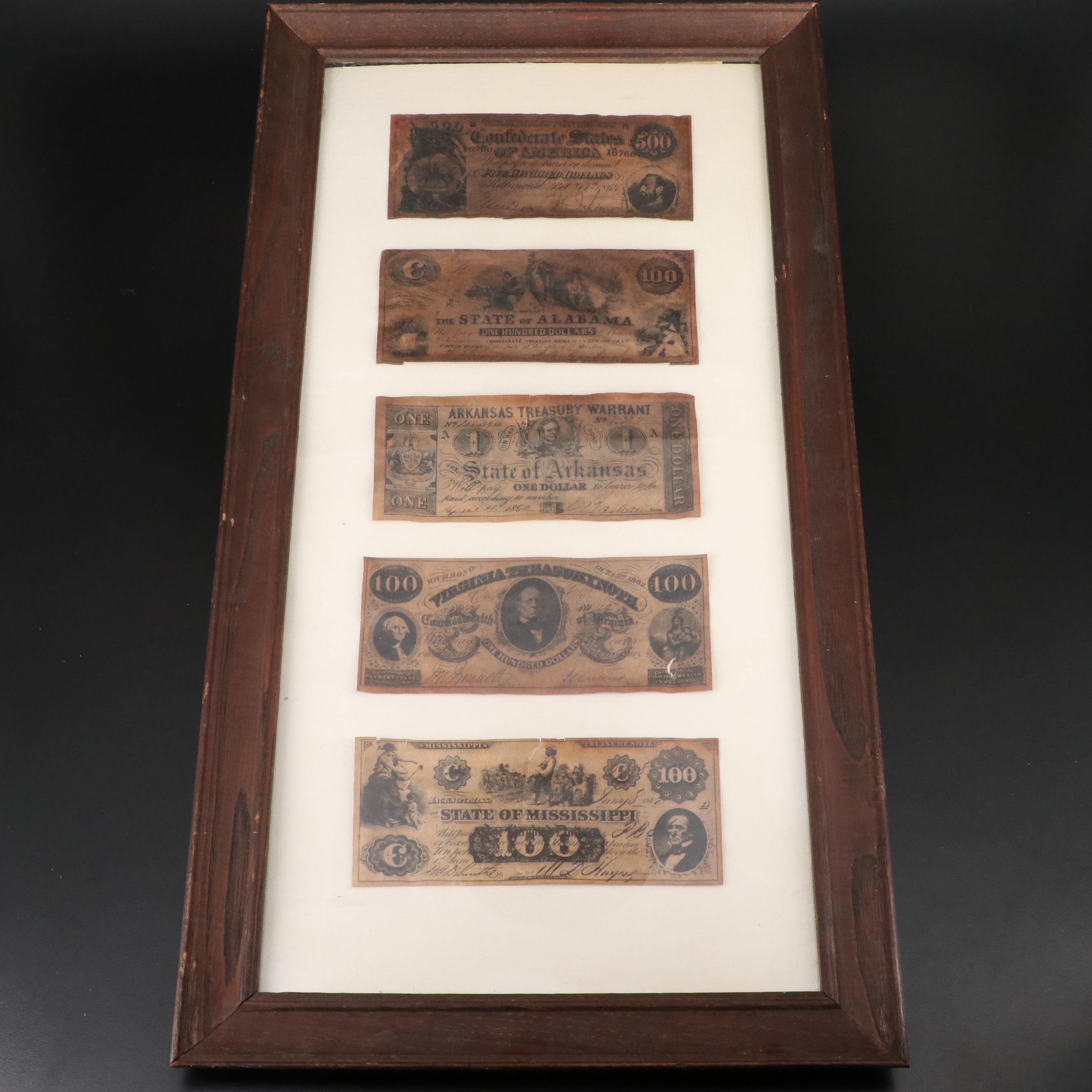 Framed Set of Five 19th Century Banknote Replicas