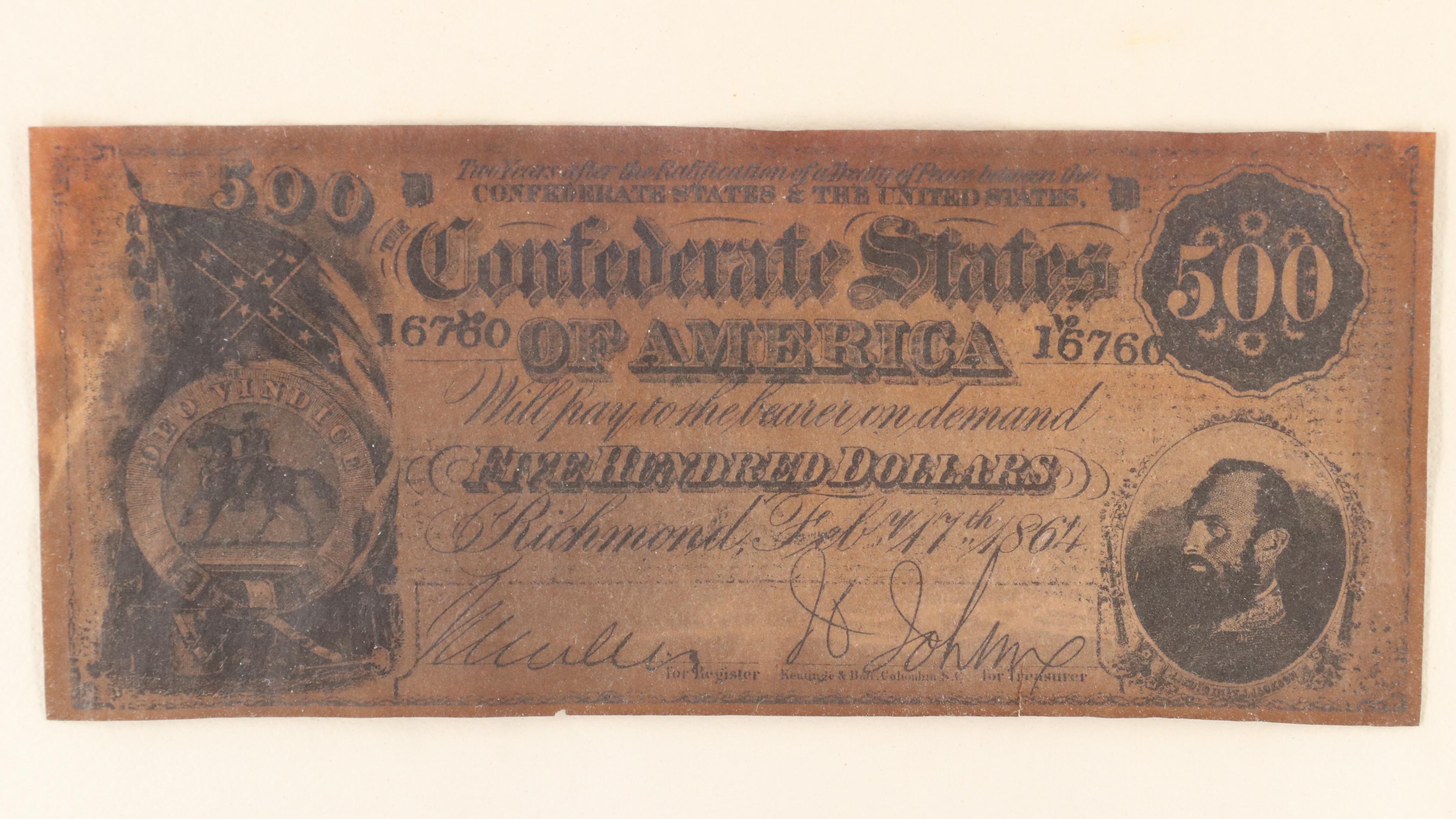 Framed Set of Five 19th Century Banknote Replicas