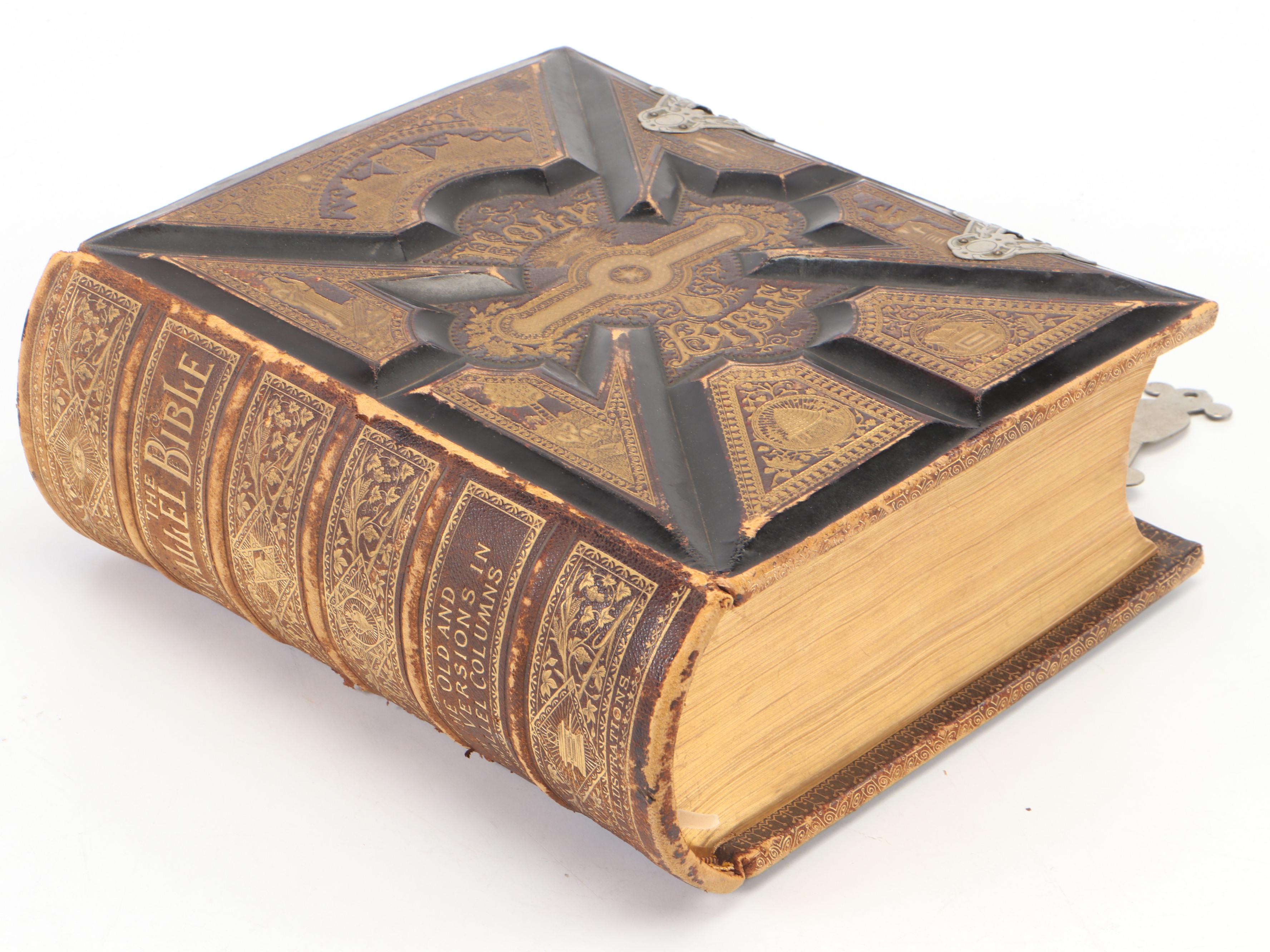 Illustrated Leather Bound Parallel-Column Edition Holy Bible, Late 19th Century