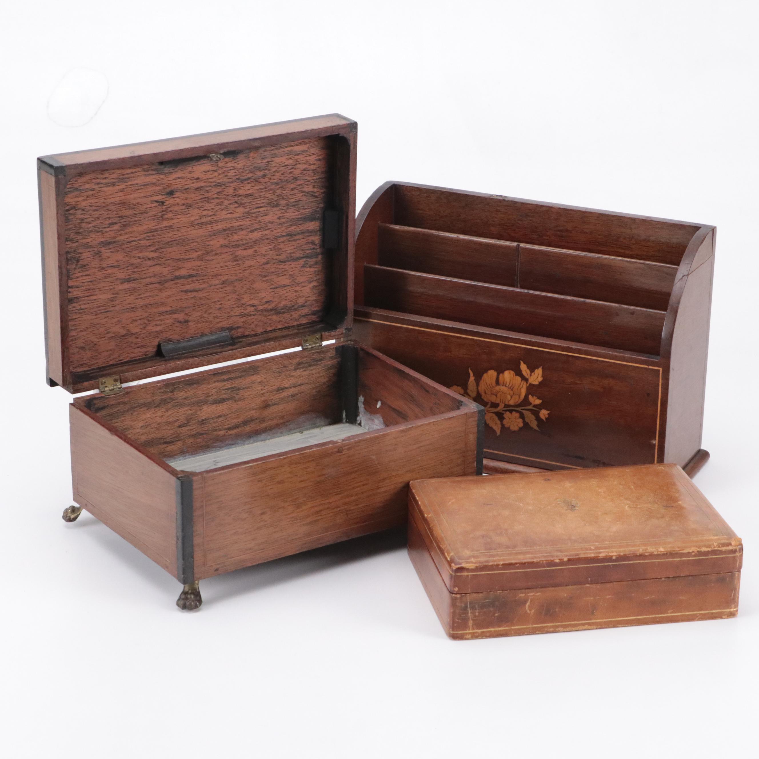 Wood Inlay Metal Footed Box, Letter Sorter, and Other Faux Leather Divided Box