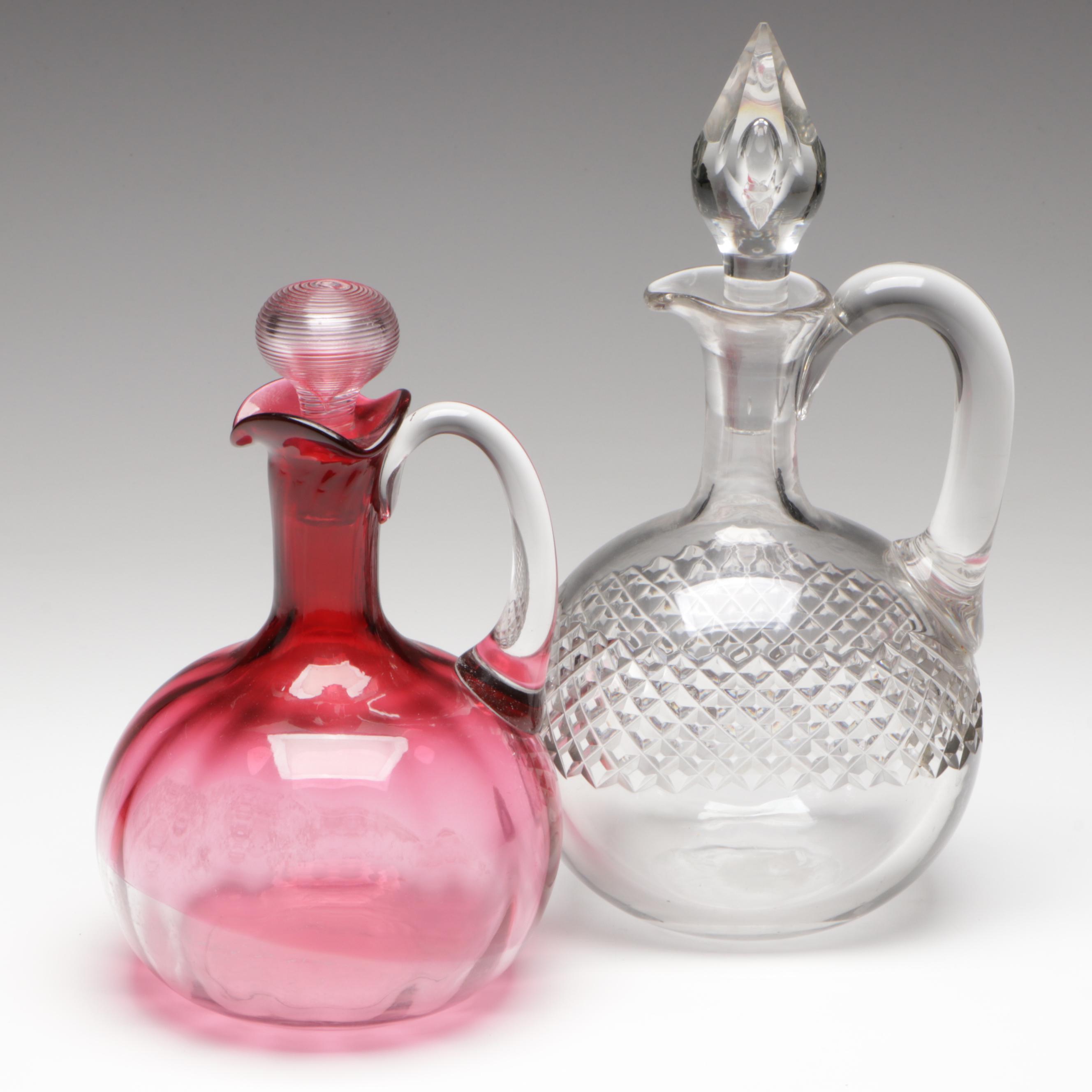 Blown Cranberry Glass Decanter with Crystal Decanter