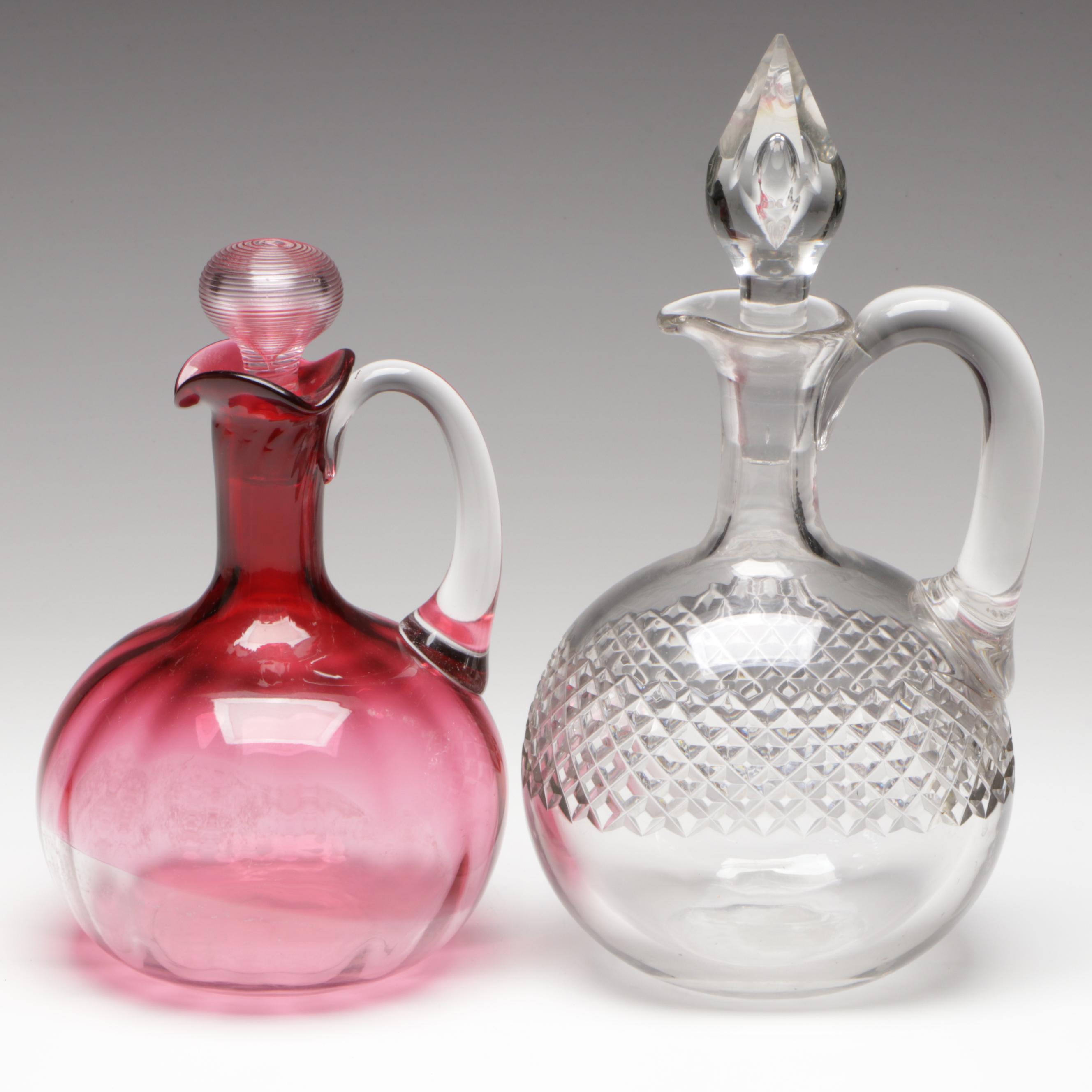 Blown Cranberry Glass Decanter with Crystal Decanter
