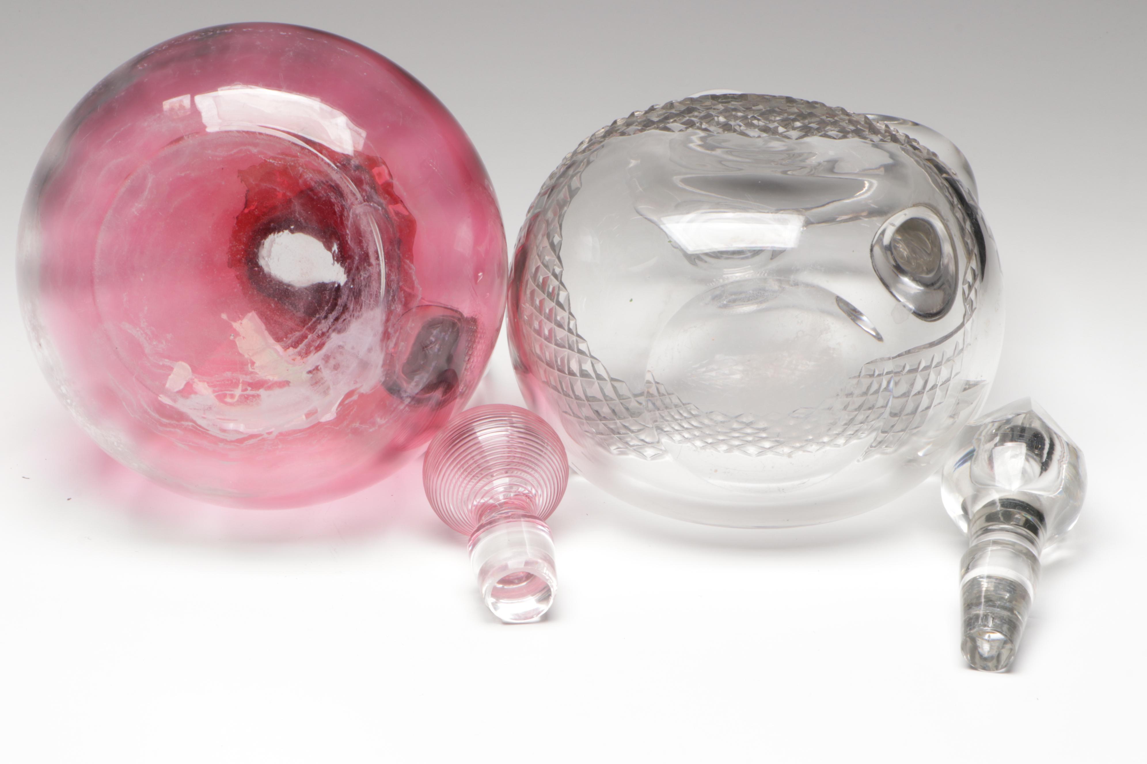 Blown Cranberry Glass Decanter with Crystal Decanter