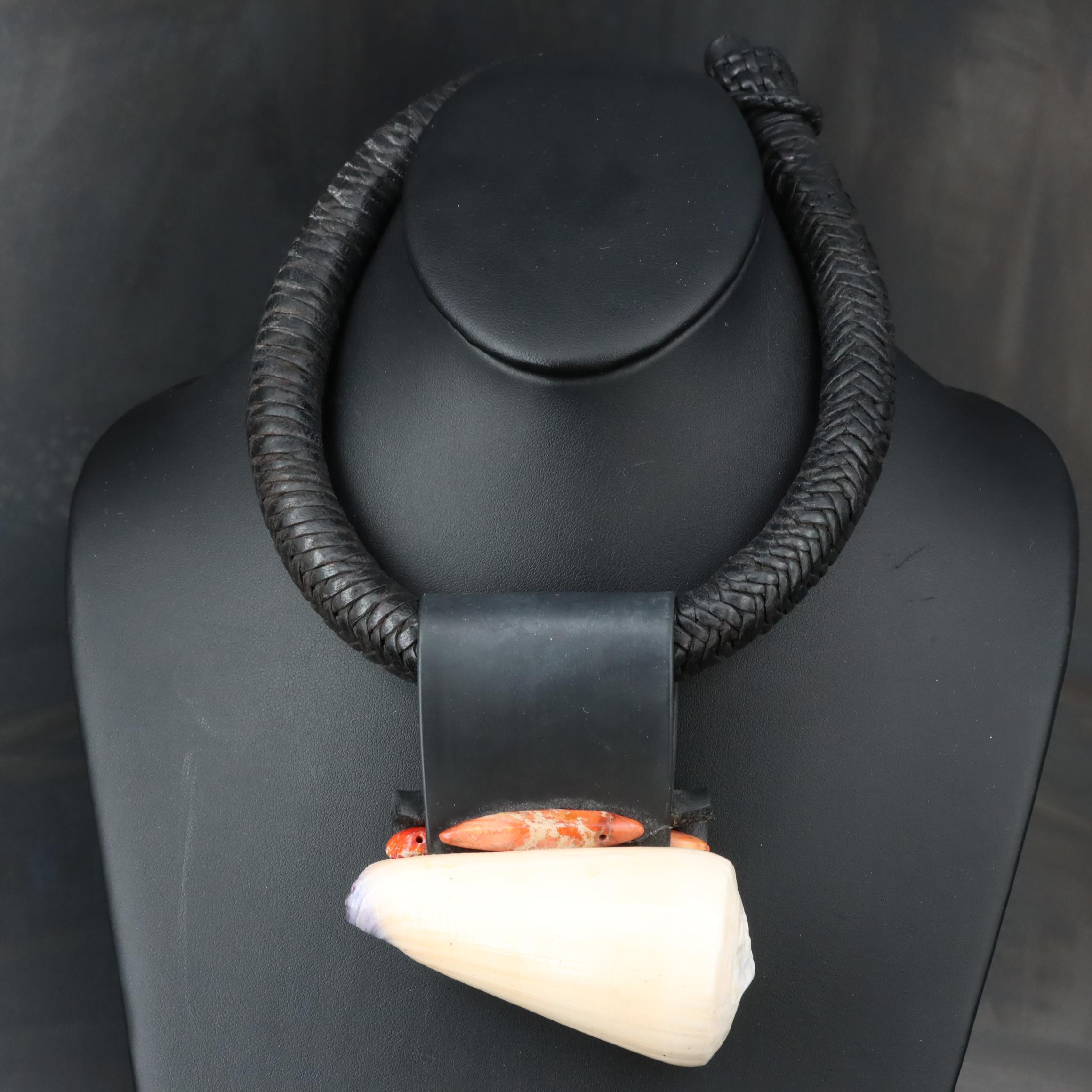 African Woven Leather Cord Necklace with Shell, Jasper and Wood Pendant