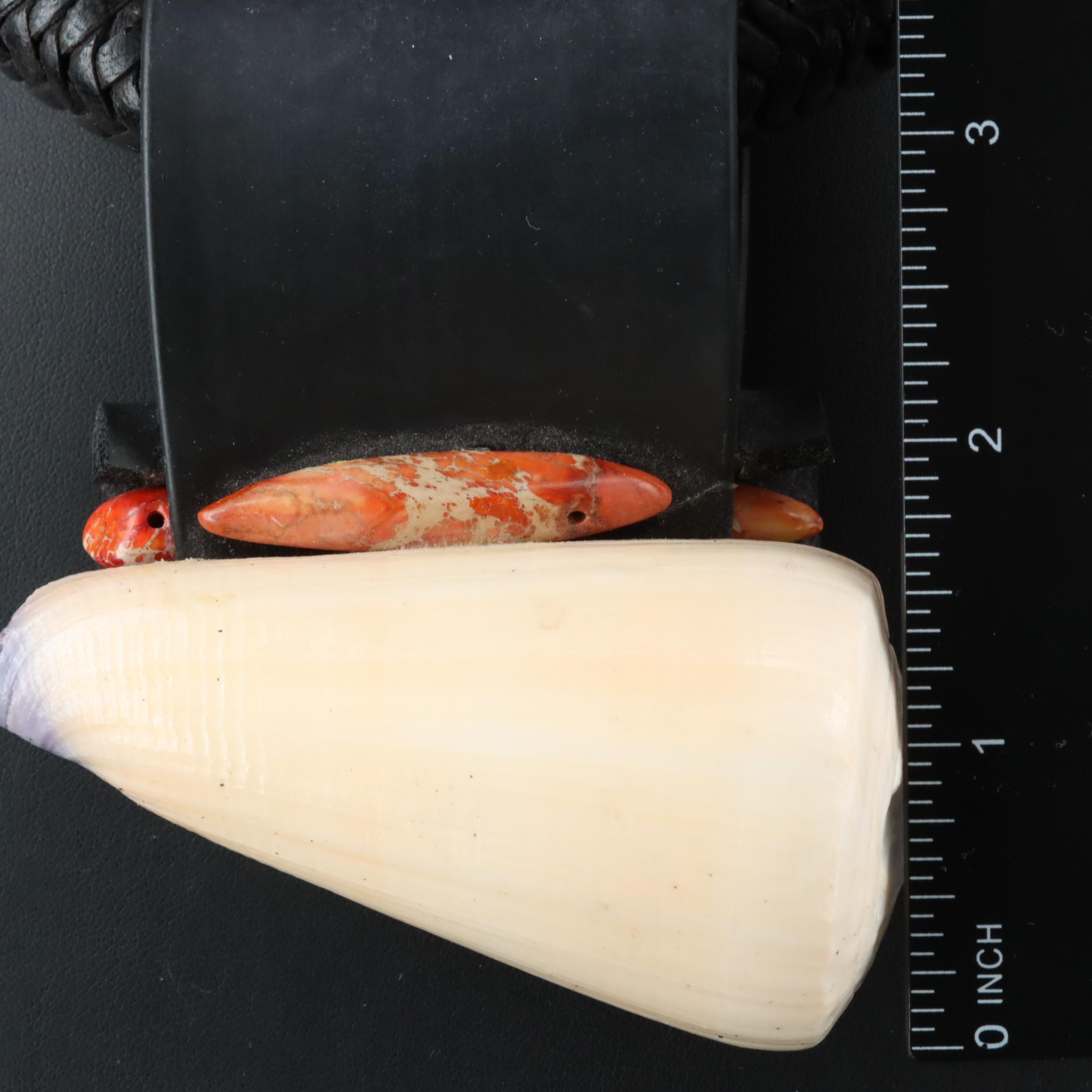 African Woven Leather Cord Necklace with Shell, Jasper and Wood Pendant