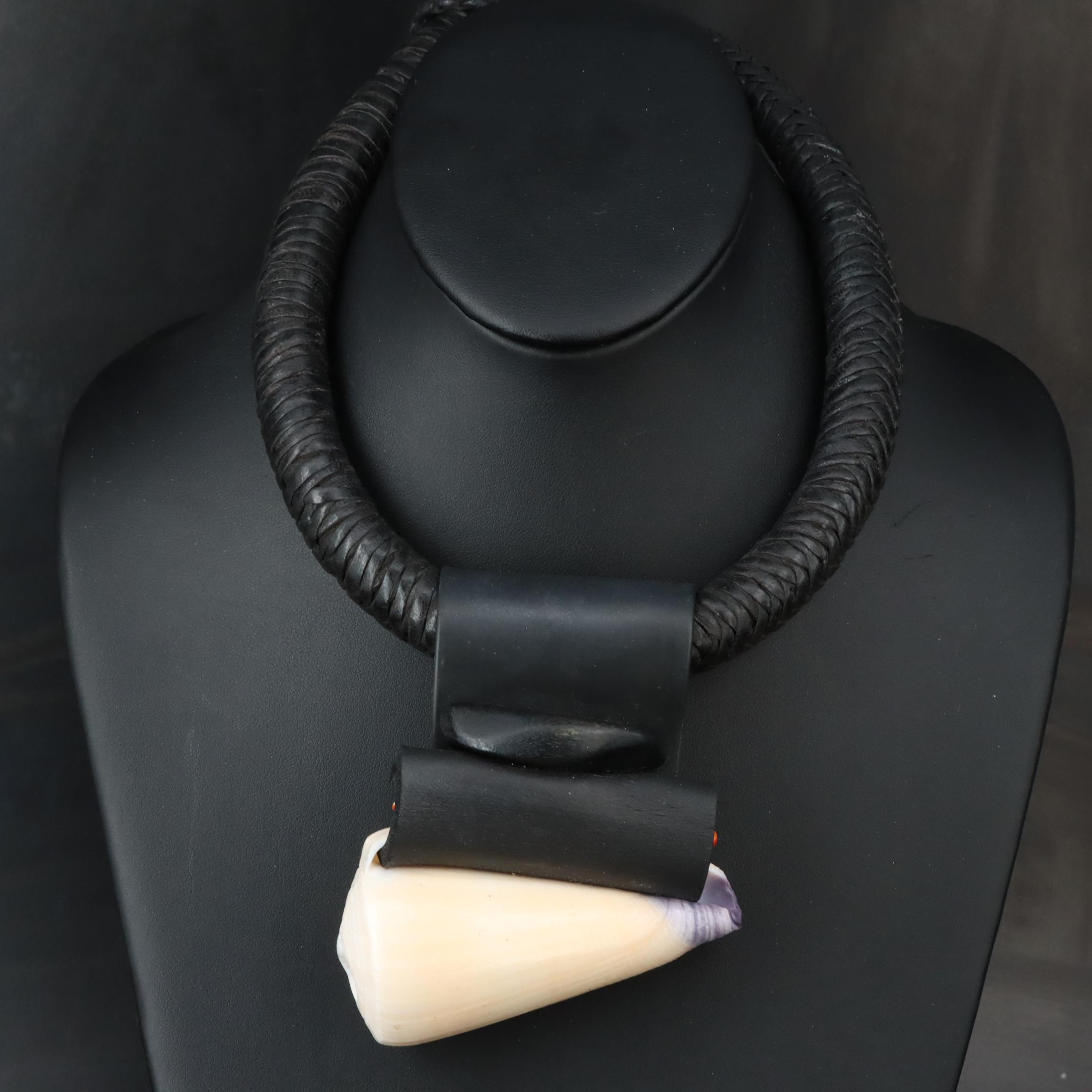 African Woven Leather Cord Necklace with Shell, Jasper and Wood Pendant