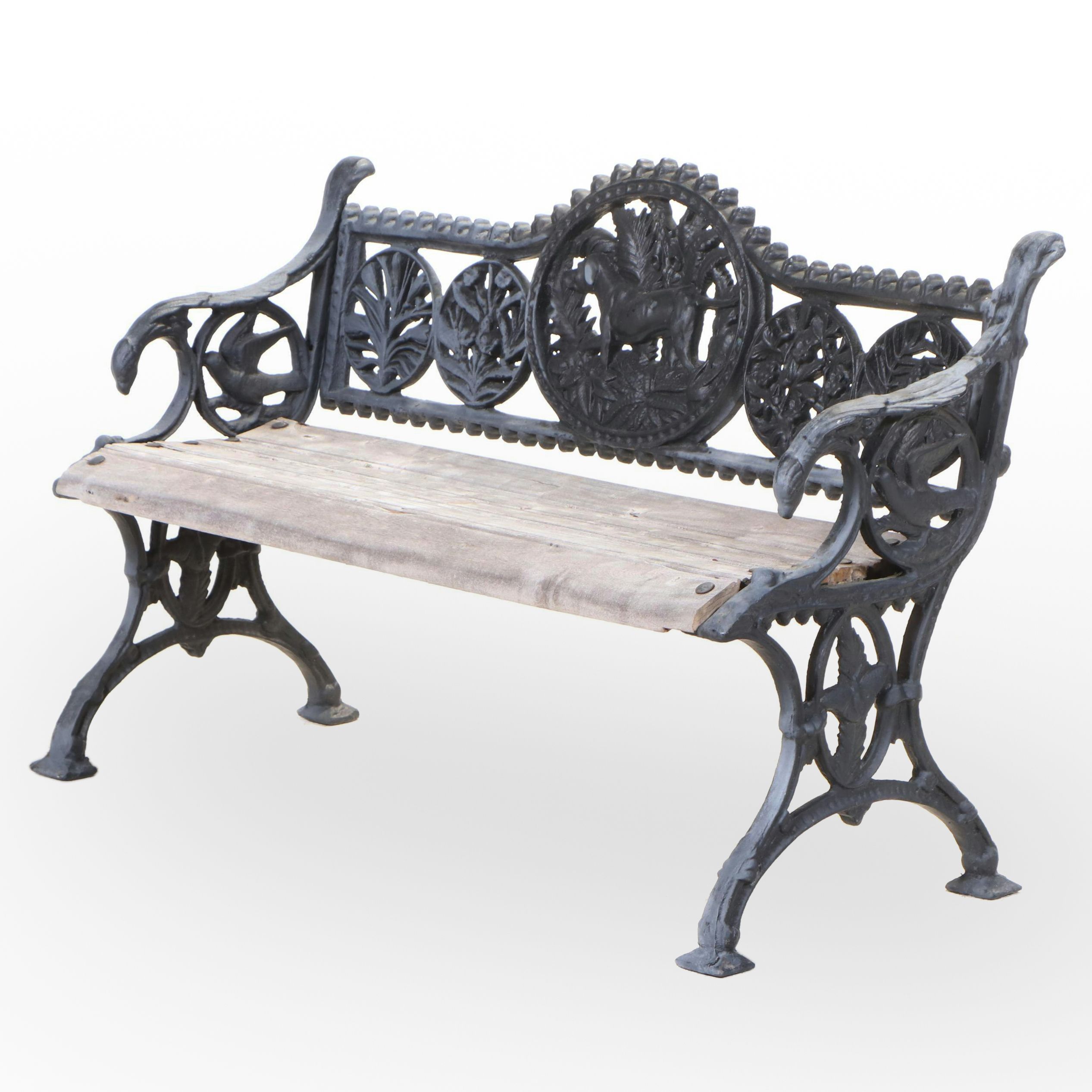 "Dog and Fern" Cast Iron and Slatted Wood Garden Bench, after Coalbrookdale