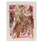 Jack Meanwell Abstract Figurative Oil Pastel Drawing, Late 20th Century