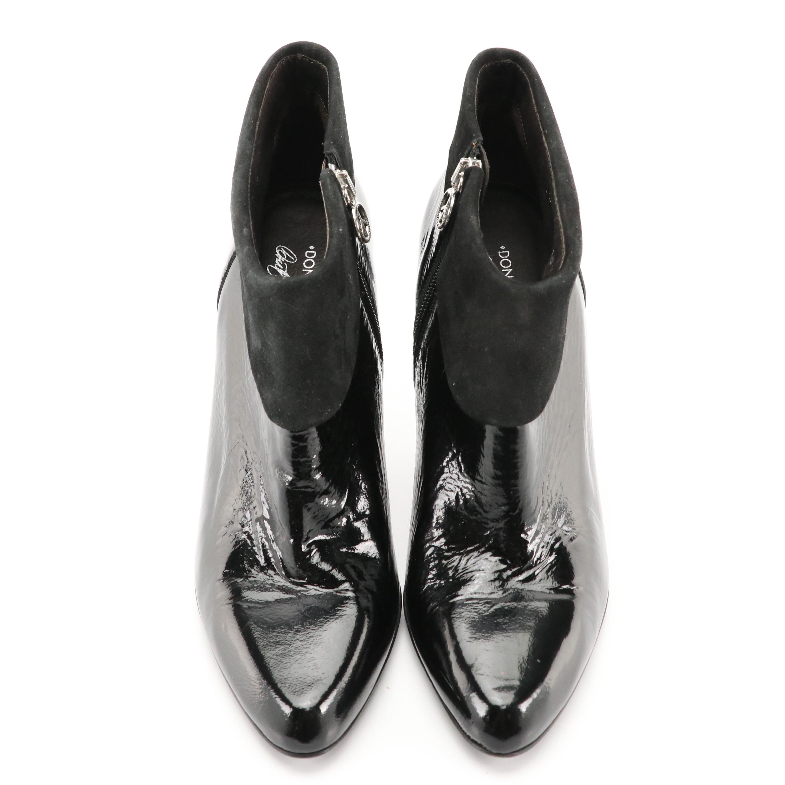 Donald J Pliner Rula Black Patent Leather and Suede Stiletto Ankle Booties