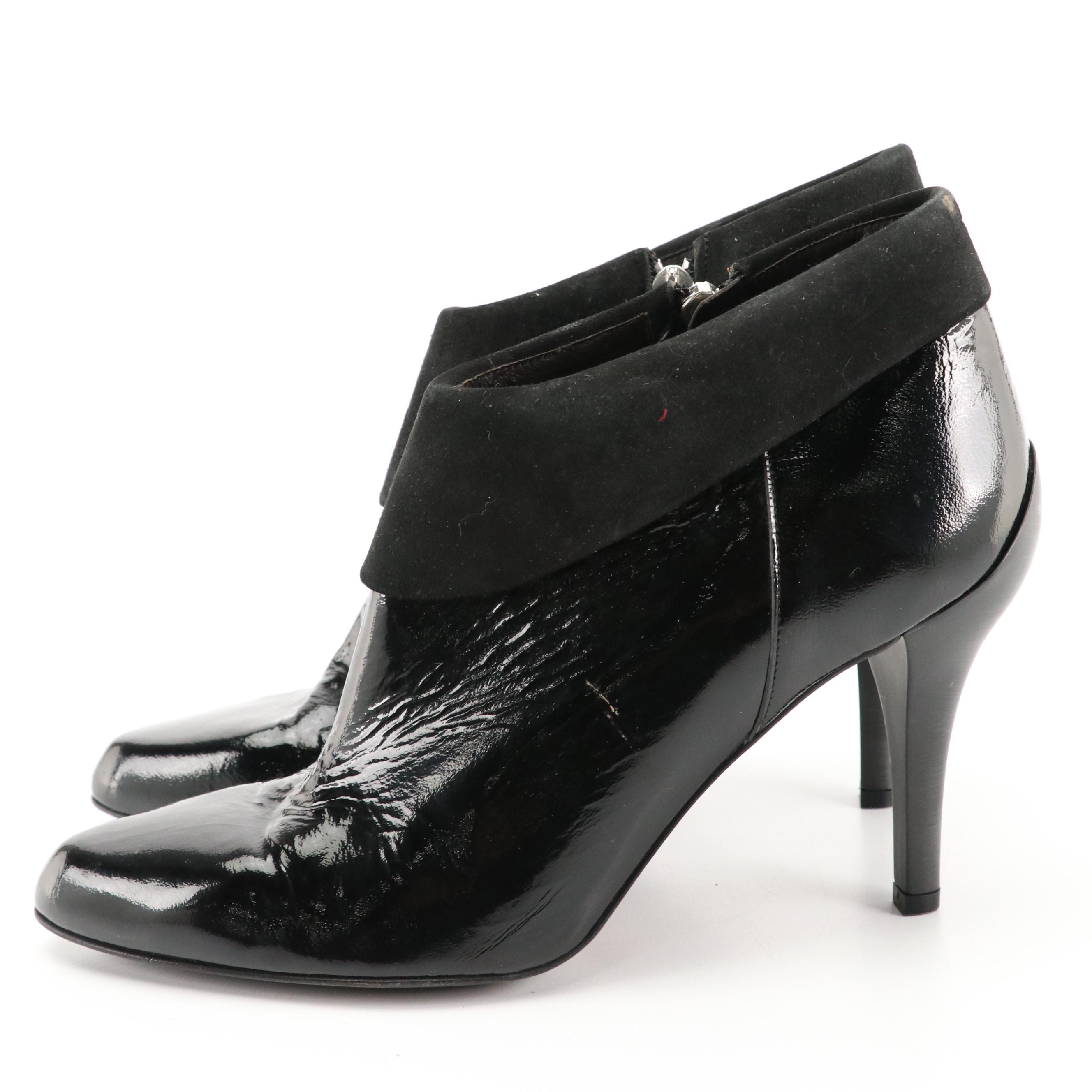 Donald J Pliner Rula Black Patent Leather and Suede Stiletto Ankle Booties
