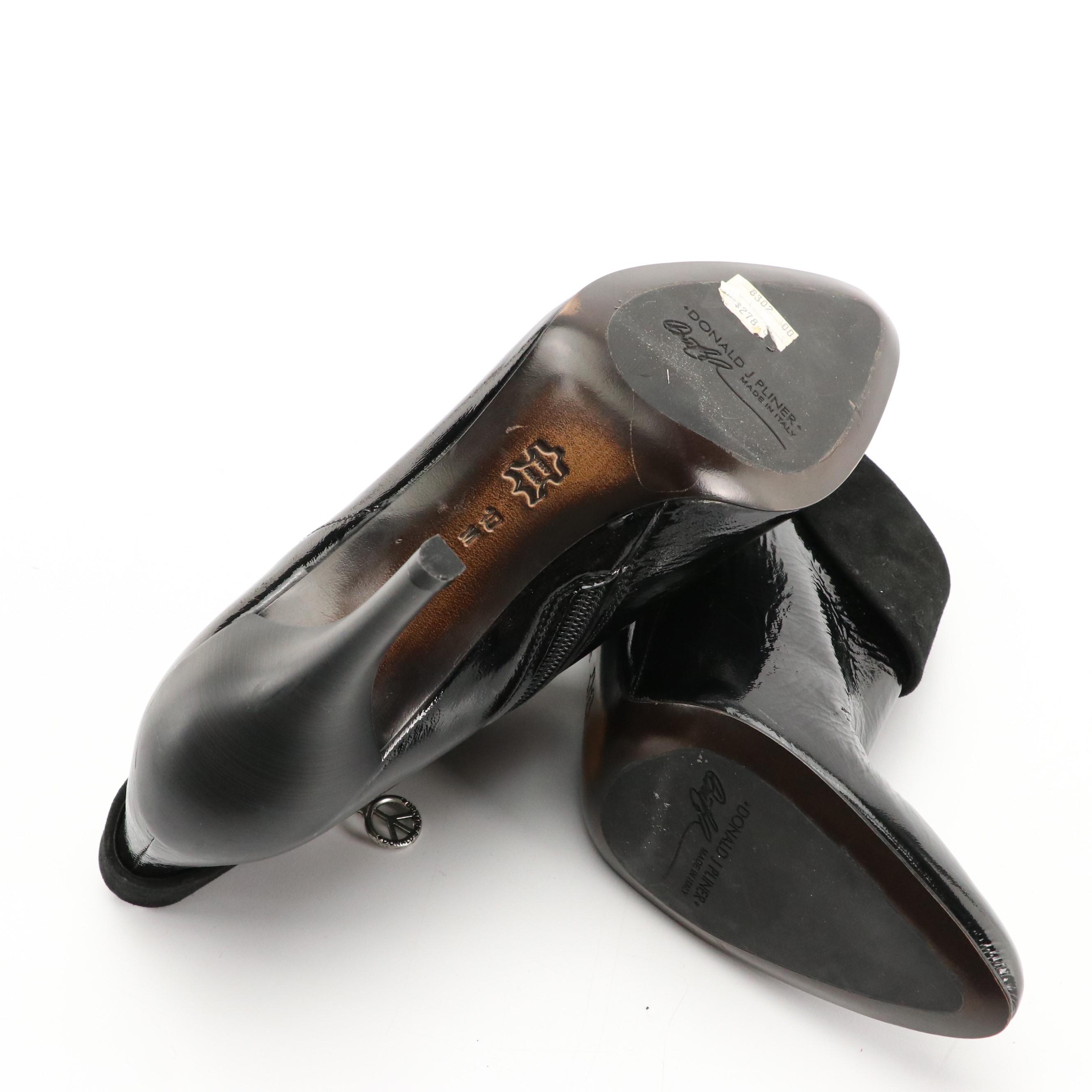 Donald J Pliner Rula Black Patent Leather and Suede Stiletto Ankle Booties